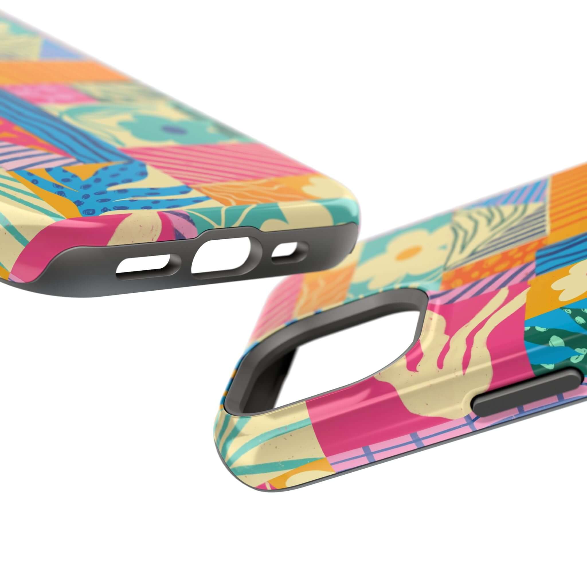 Colorful patchwork phone case for iPhone 16, perfect for beach lovers. Cute and playful design adds a pop of color to any outfit.