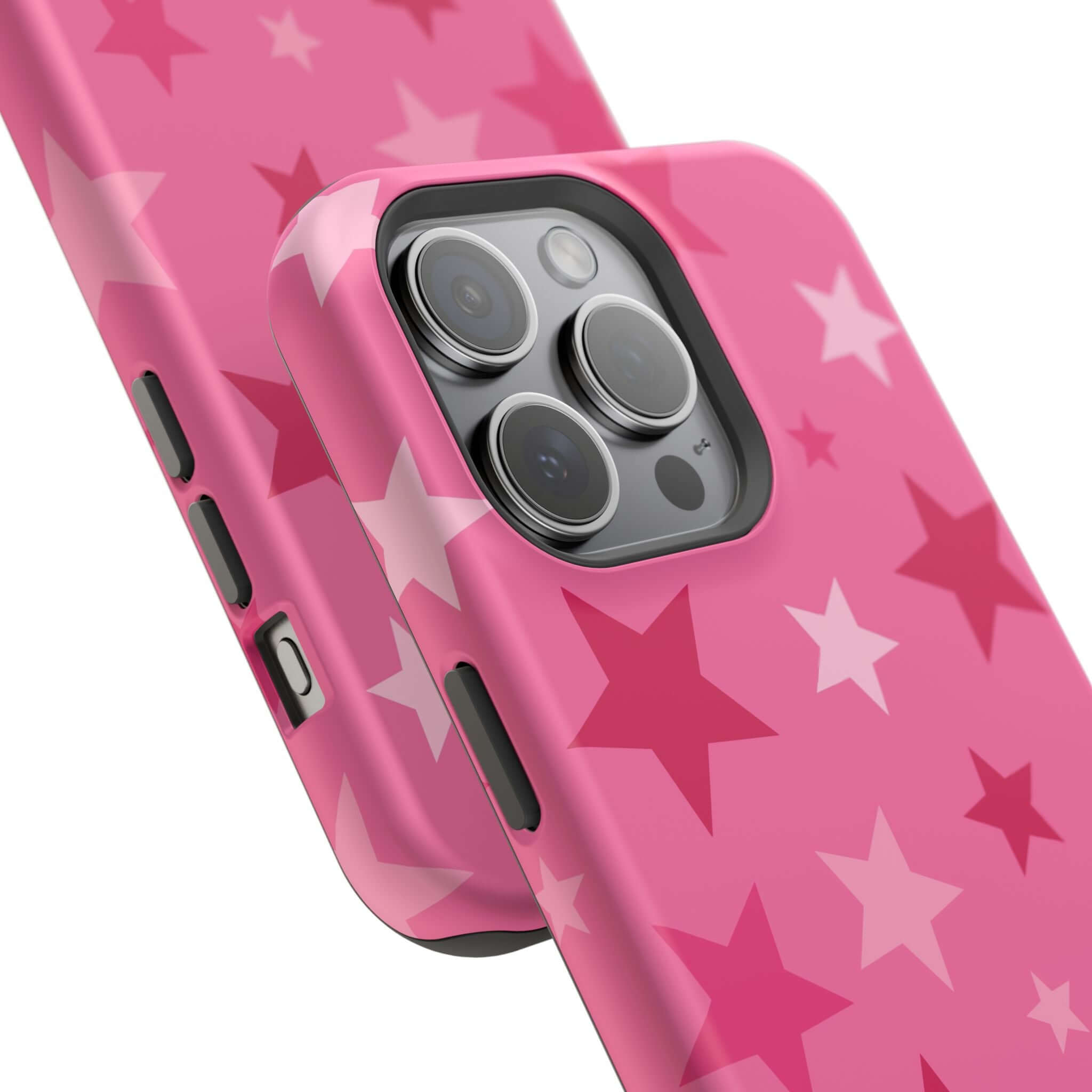 Cute pink iPhone case with star patterns, showcasing the Starry Sweetheart design for stylish protection.