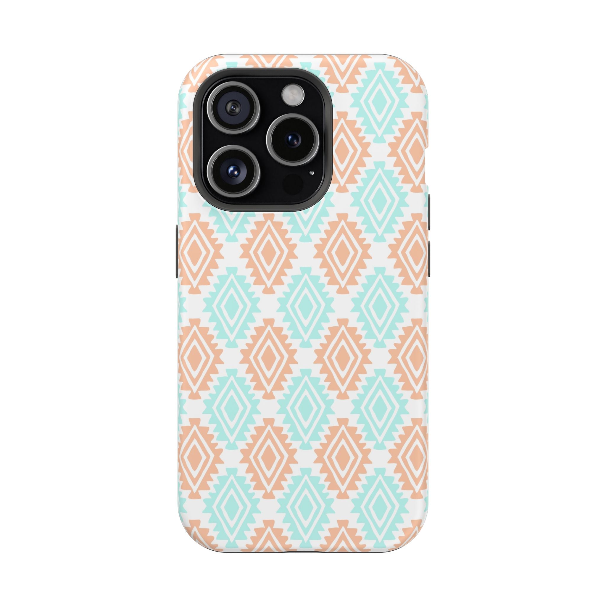 Southwestern MagSafe iPhone Case with turquoise and tan geometric pattern, cute floral-inspired phone cover.