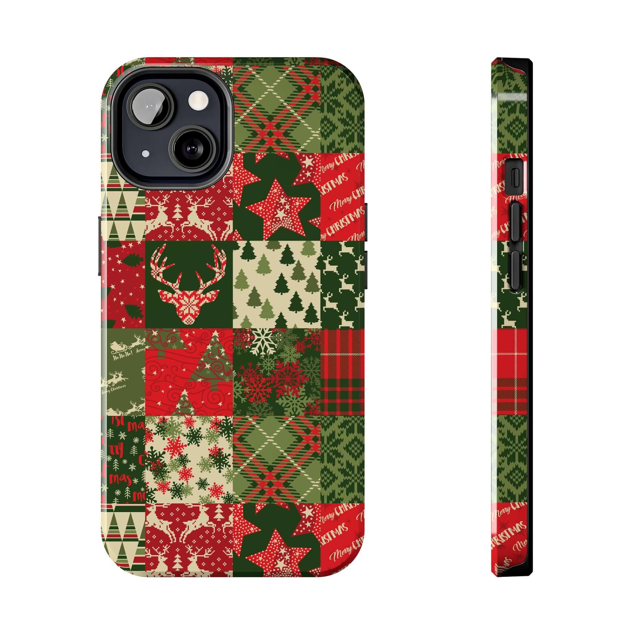 Cute iPhone case with green holiday design featuring Christmas trees, Santa, and snowflakes; perfect custom phone case gift.