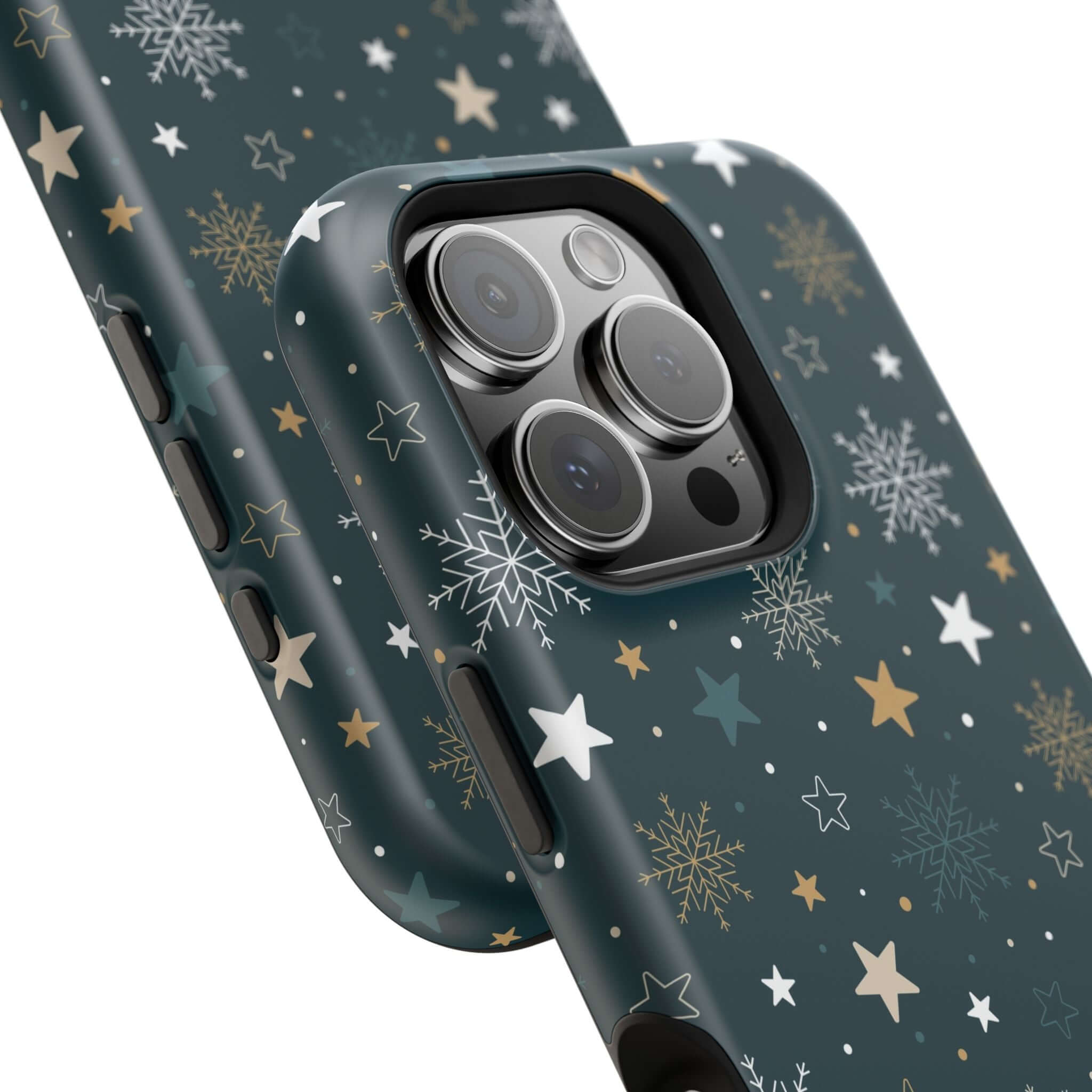 Festive Christmas phone case with snowflakes and stars design, featuring MagSafe technology for easy charging.