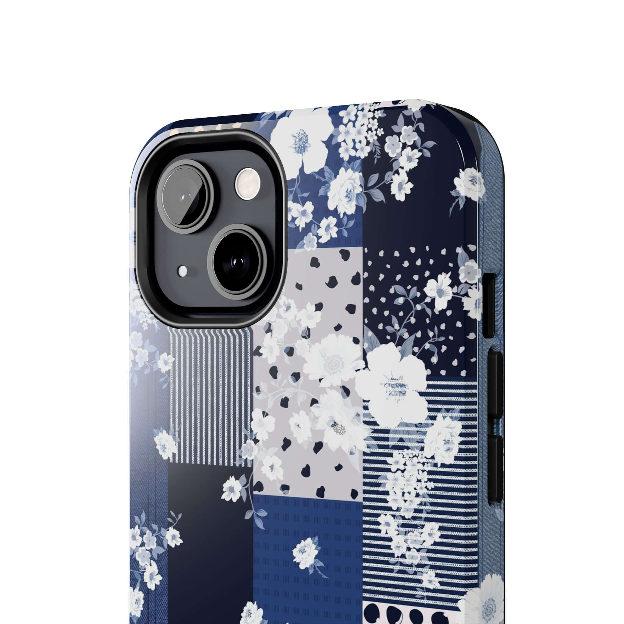 Blue floral patchwork phone case for iPhone with cute design featuring flowers and patterns. Perfect for sorority book club members.