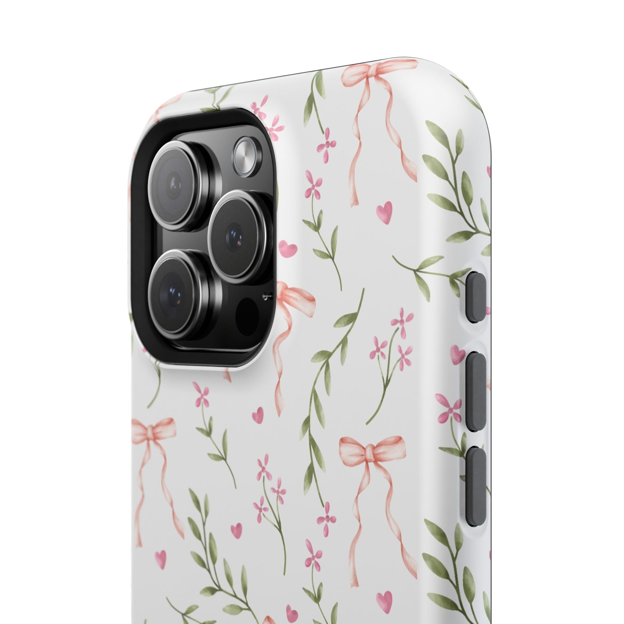 Darling Daydream Pink Coquette MagSafe iPhone Case with floral design, bows, and cute phone cover style.