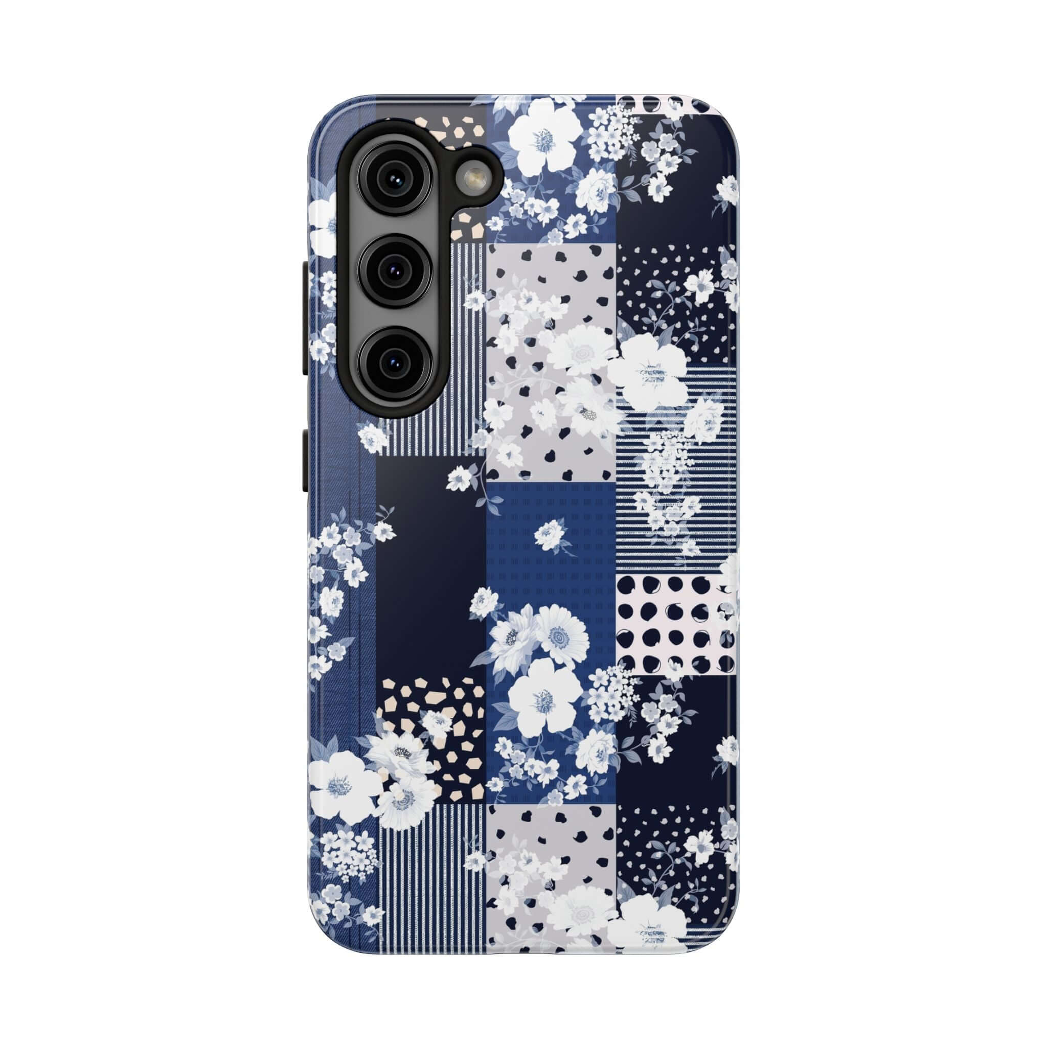 Sorority Book Club blue floral patchwork phone case for iPhone or Samsung. Cute phone cover with flowers ideal for stylish campus life.