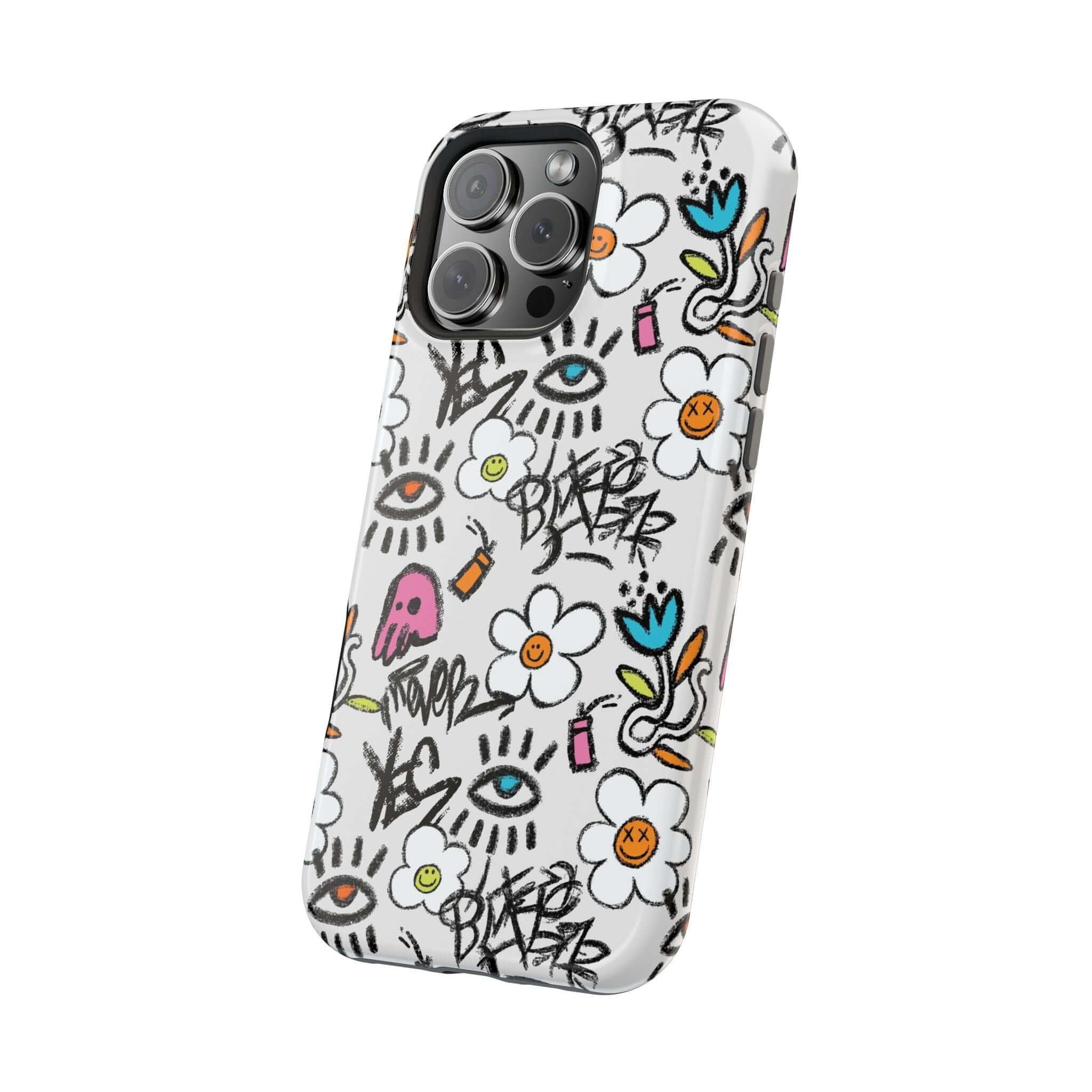 Cute Floral Graffiti Case for iPhone, showcasing vibrant designs and MagSafe technology for a stylish phone cover.