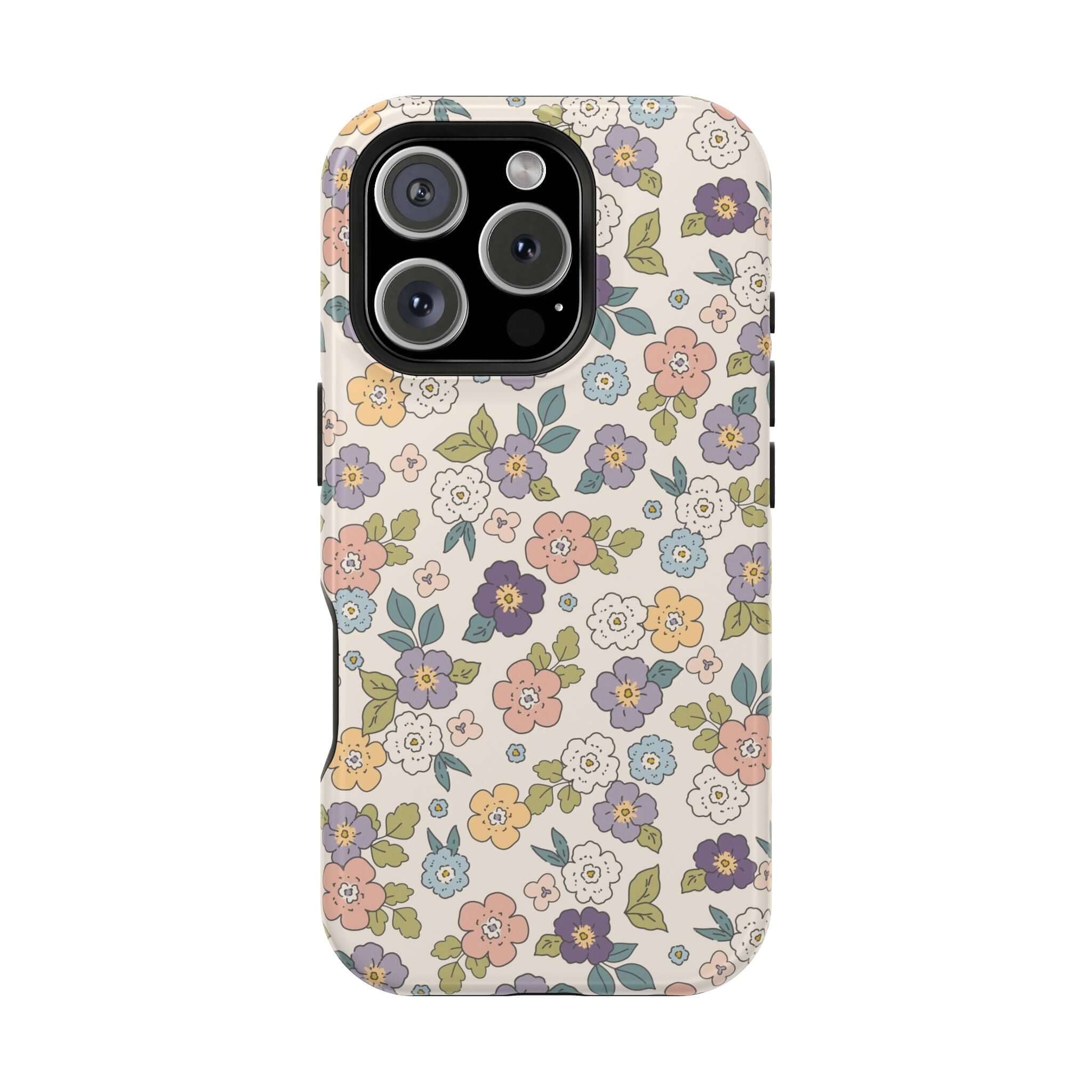 Colorful floral Ditsy Daisies iPhone case with pink, blue, and yellow flowers, perfect for stylish phone users.