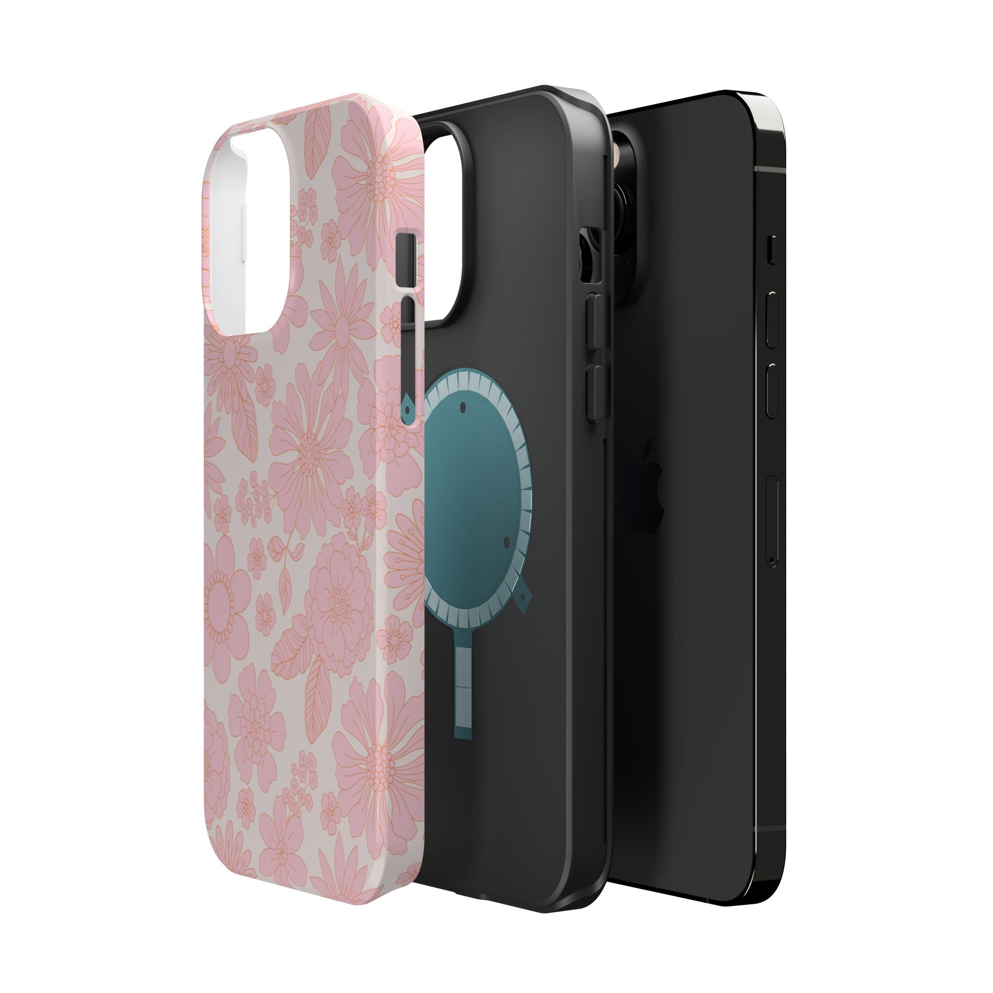 Pink floral iPhone 16 case with MagSafe, showcasing Charming Petals' cute phone cover design and protective features.