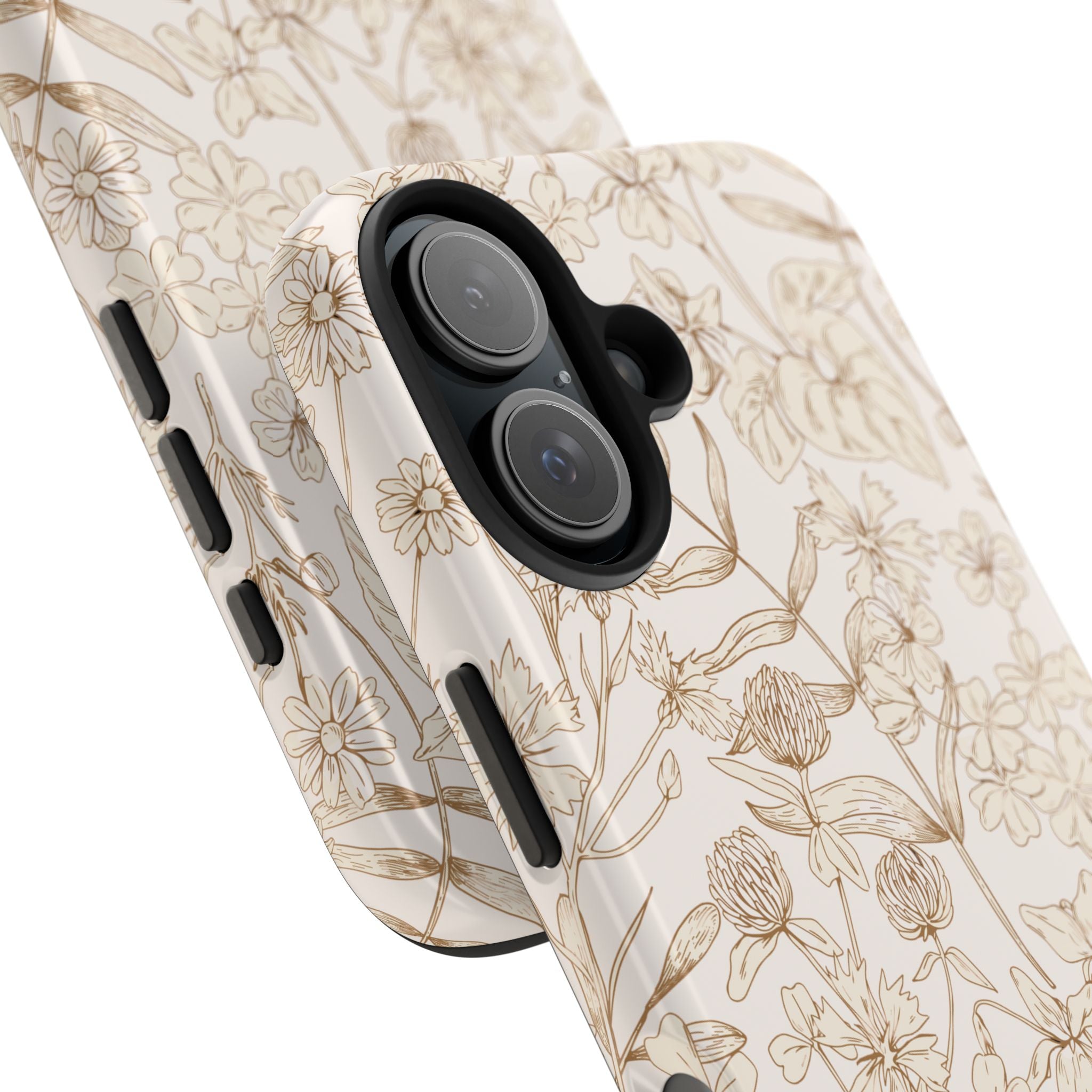 Beige garden design phone case for iPhone 16, featuring a cute tan cover with nature-inspired floral patterns.