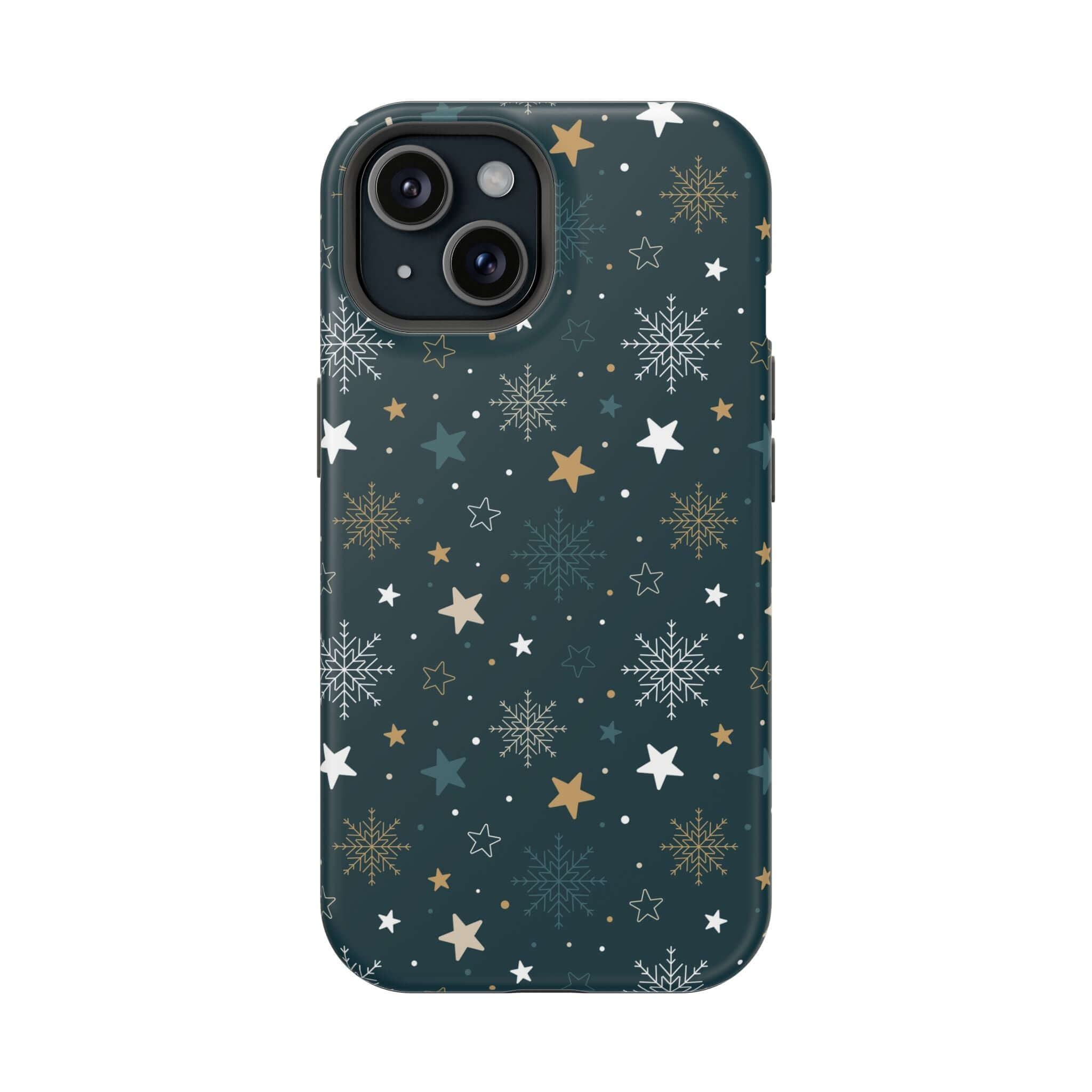 Frosted Wishes MagSafe Christmas phone case with holiday star and snowflake design, perfect festive accessory for secure charging.