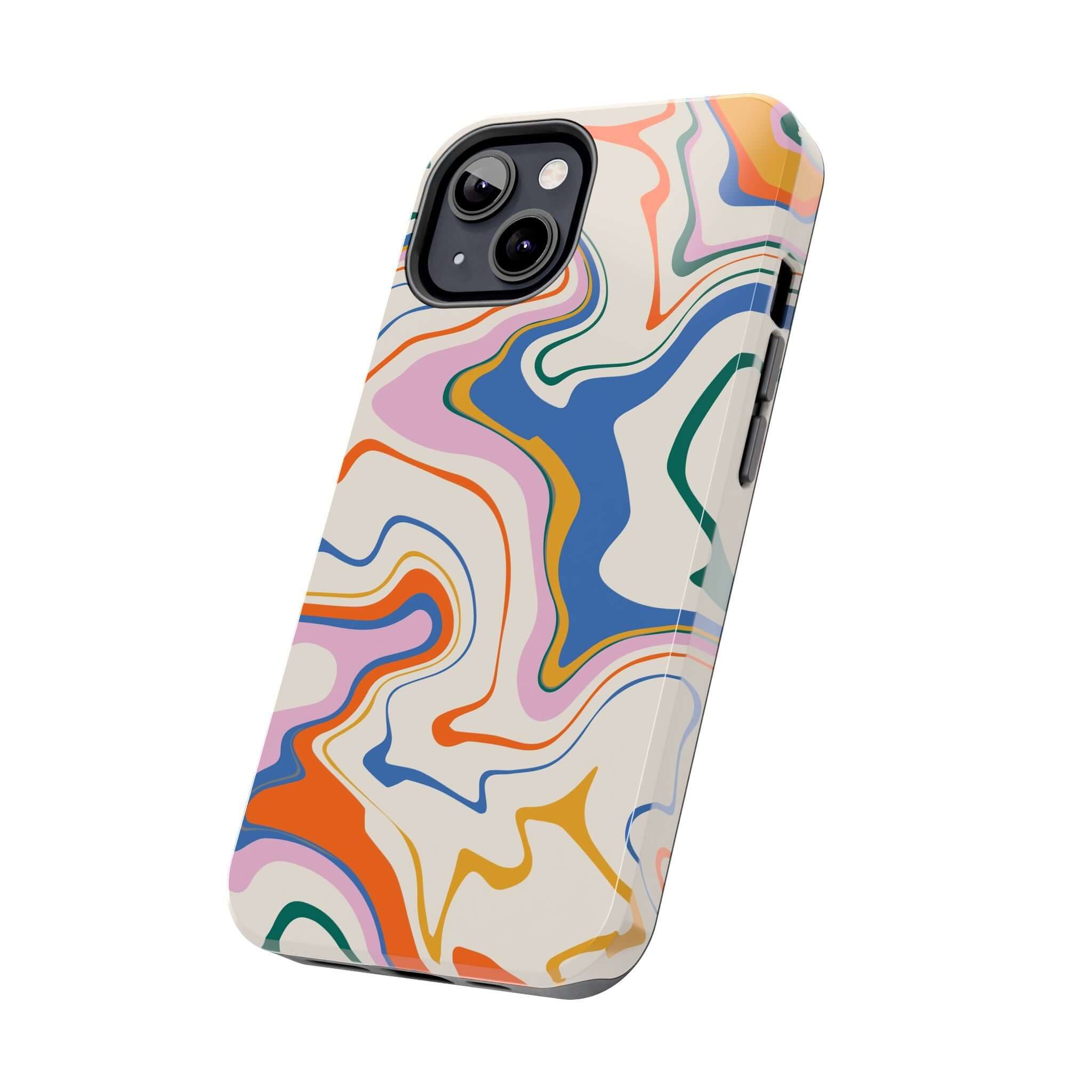 Colorful abstract phone case with vibrant swirl design for iPhone 14 Pro Max and Samsung S23.