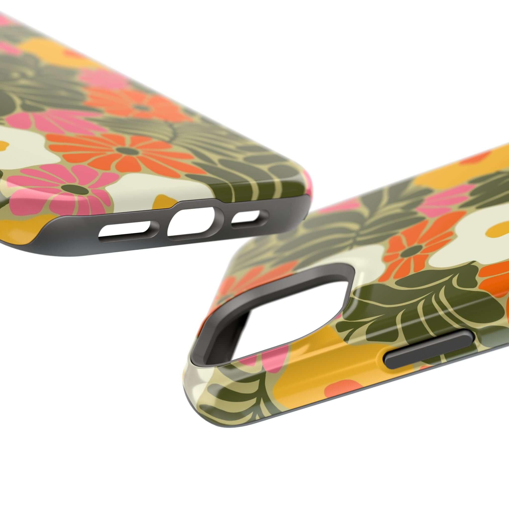 Retro tropical floral iPhone case showcasing vibrant colors and MagSafe compatibility for cute phone cover style.