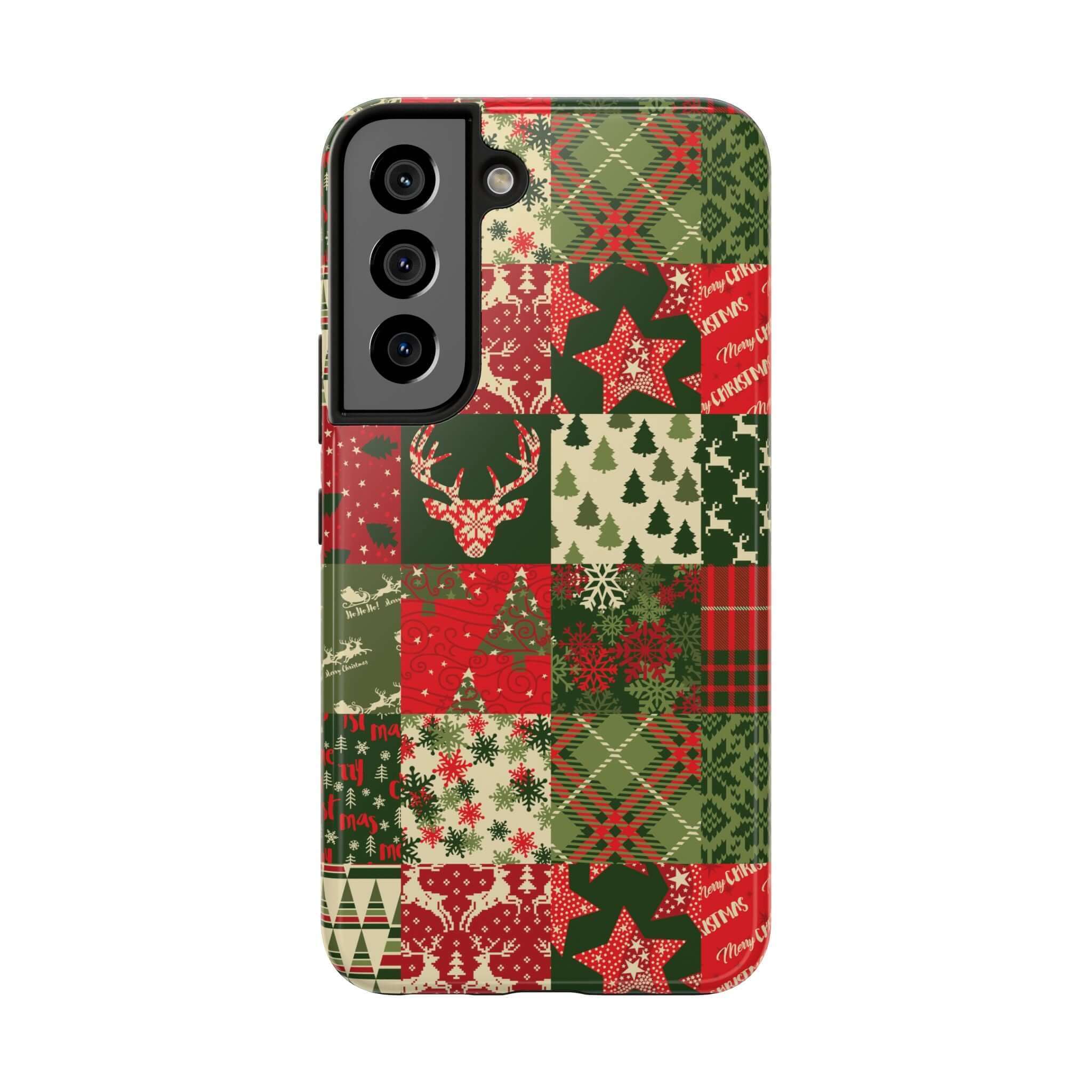 Cute iPhone case with green and red holiday patchwork design, featuring Christmas trees, reindeer, and snowflakes.