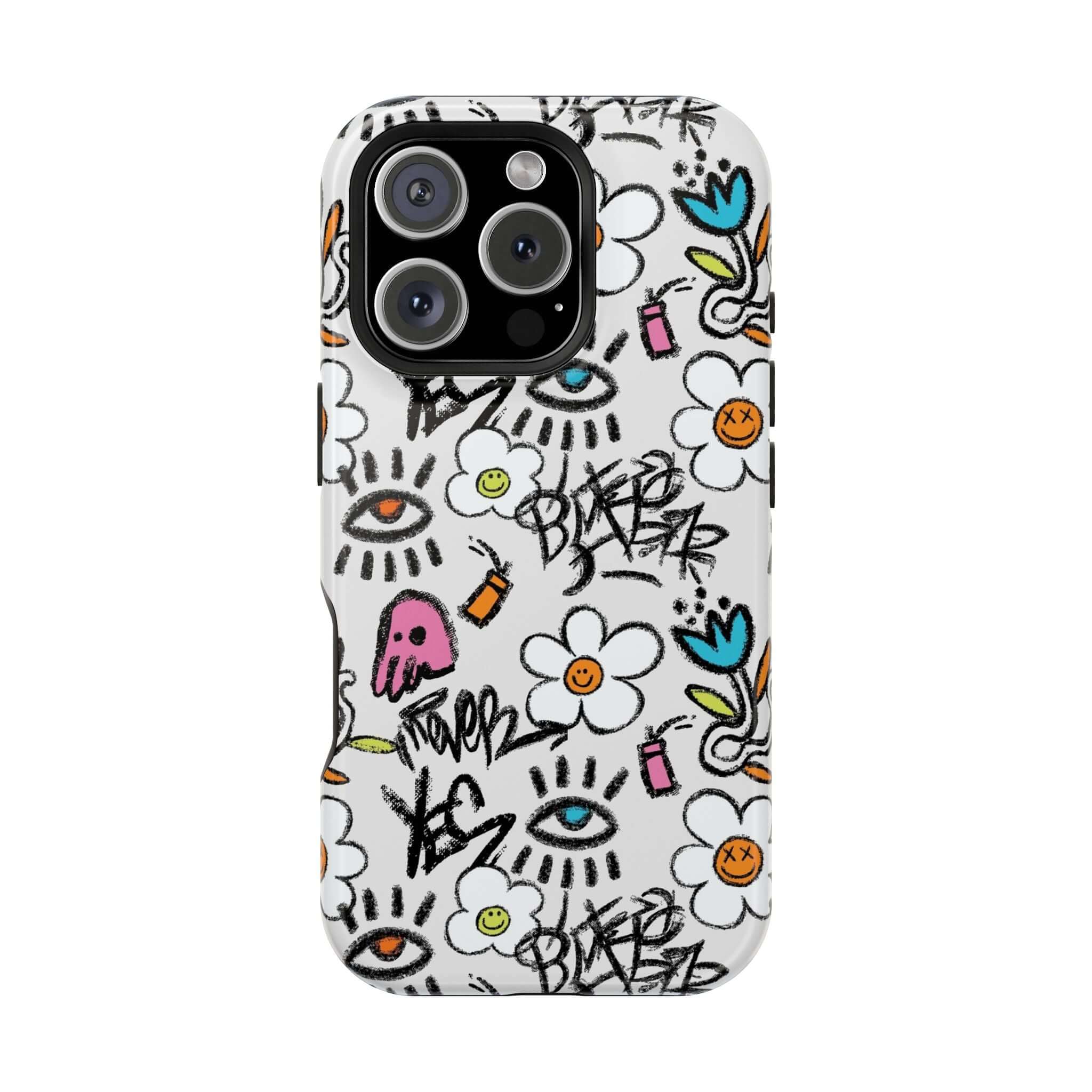 Cute Floral Graffiti Phone Case for iPhone, featuring vibrant colors and playful designs, perfect for a stylish look.