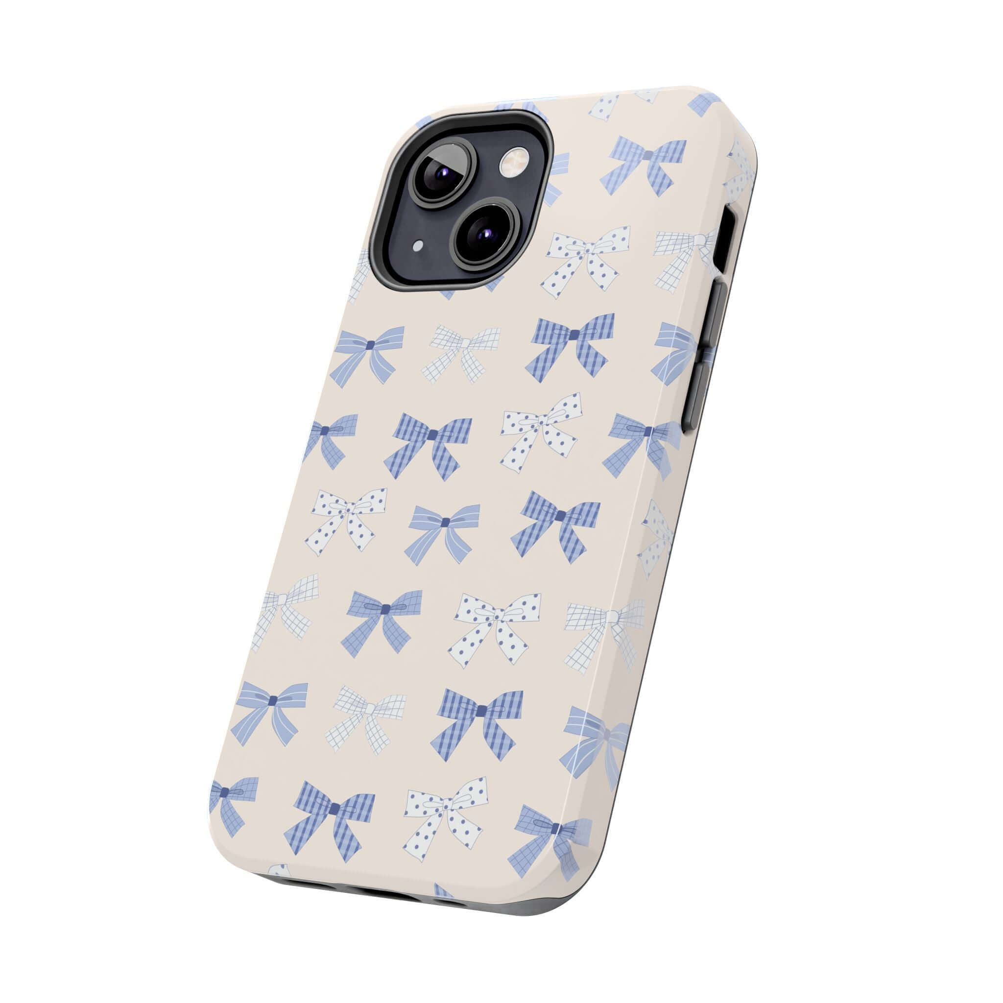 Cute blue bow phone case for iPhone 16, perfect for brides-to-be seeking a playful and stylish design.