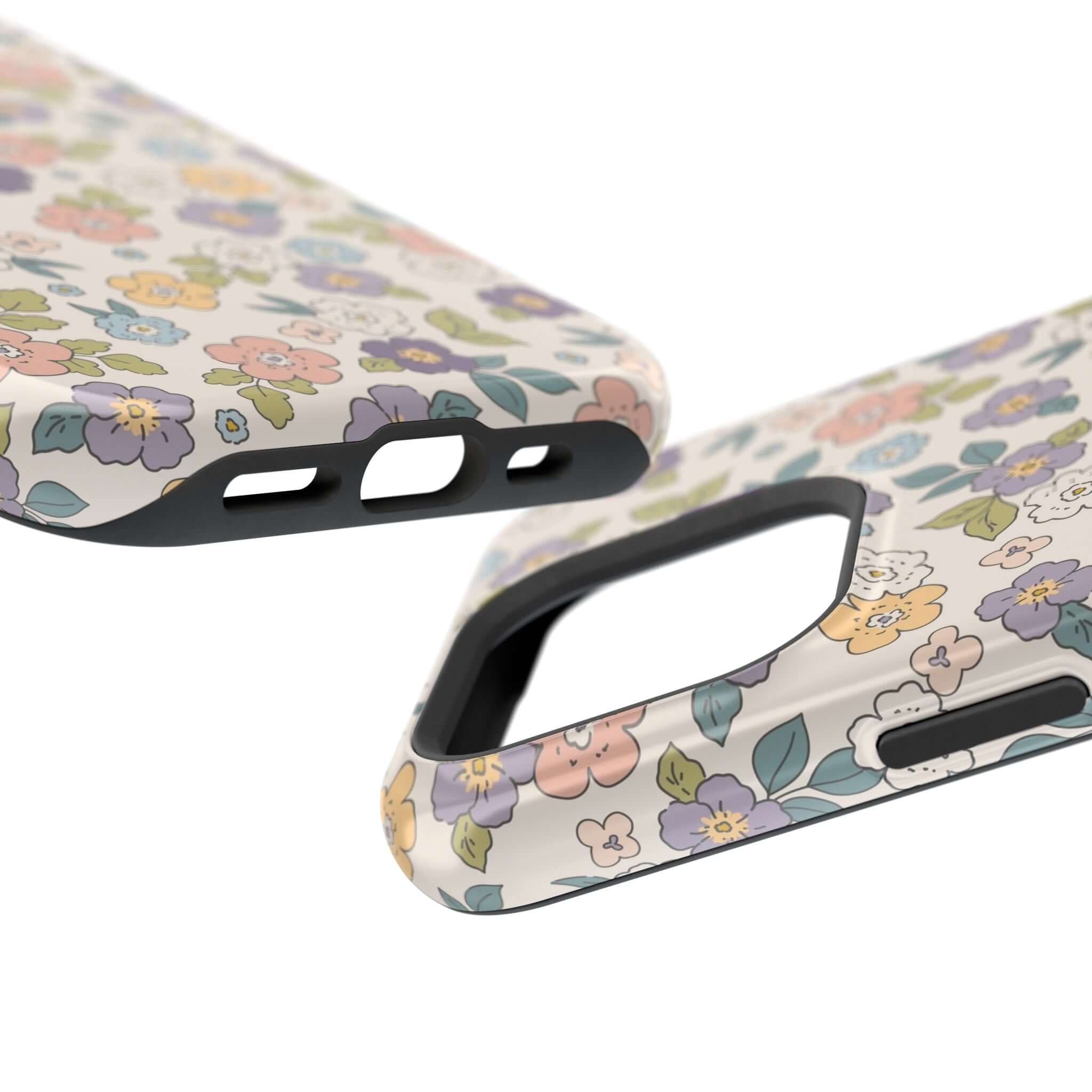 Colorful Ditsy Daisies iPhone case showcasing floral design and MagSafe compatibility, perfect for stylish phone users.