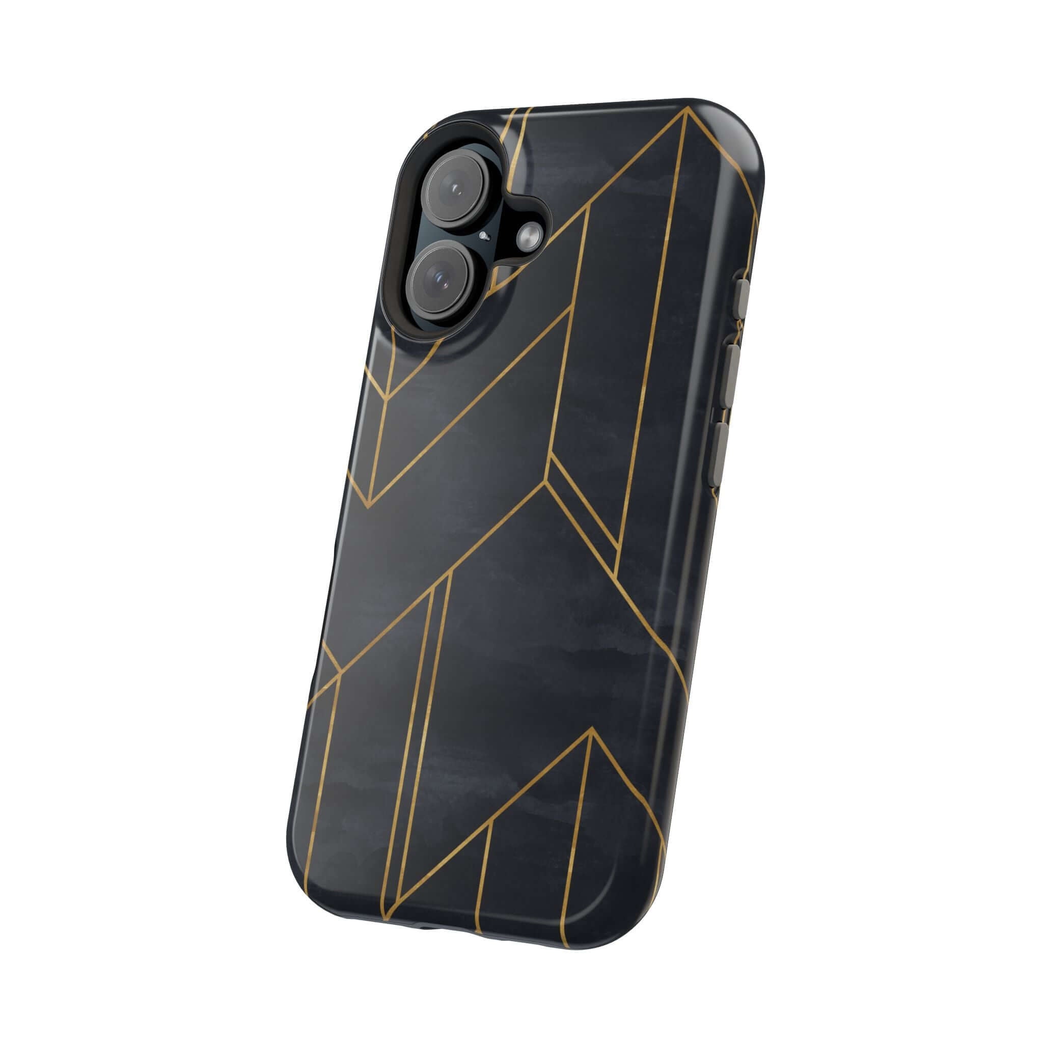 Modern geometric iPhone case with sleek black and gold design, perfect for urban style and protection. Colorful abstract phone case.