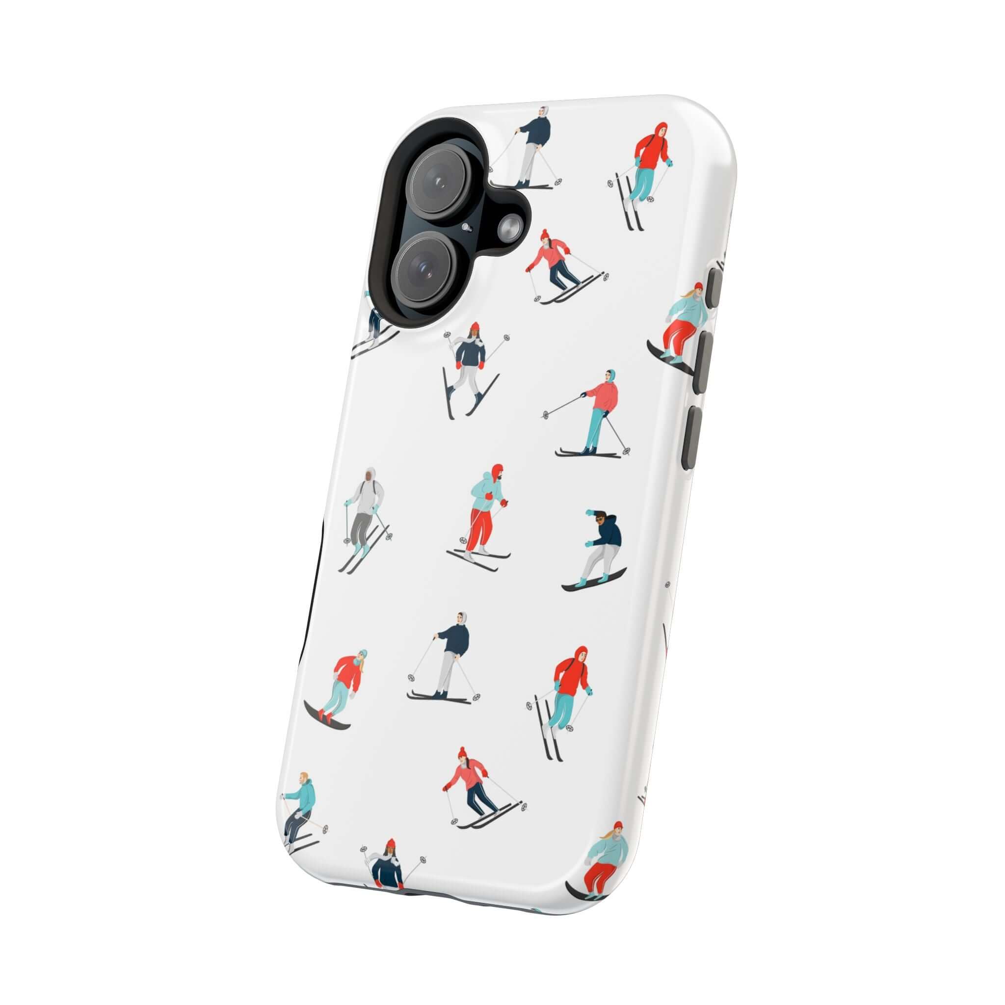 Cute phone case featuring winter skiers, perfect for protecting your iPhone on the slopes during winter sports.