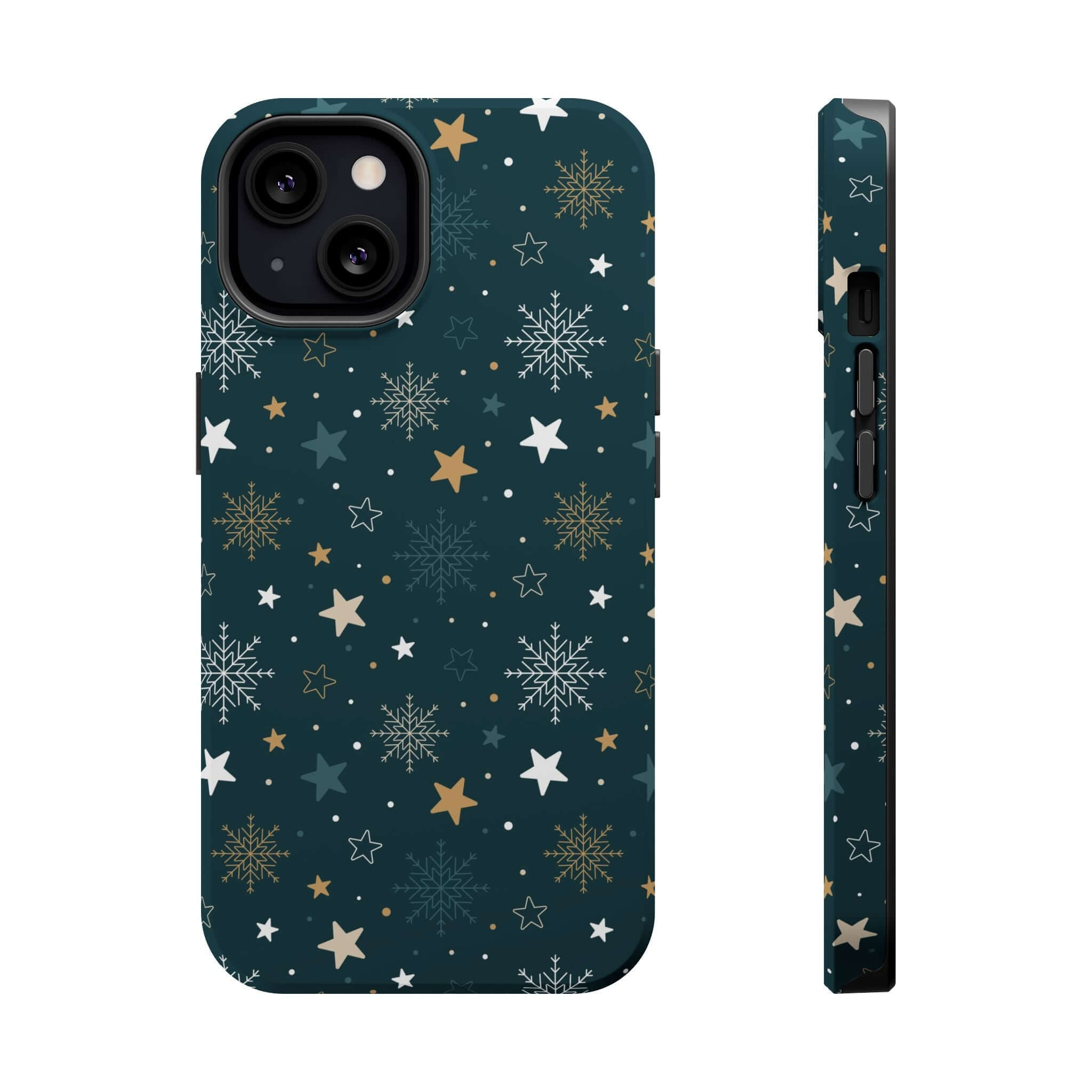 Frosted Wishes MagSafe Case with snowflakes and stars, a cute Xmas phone cover; Christmas holiday phone case with MagSafe tech.