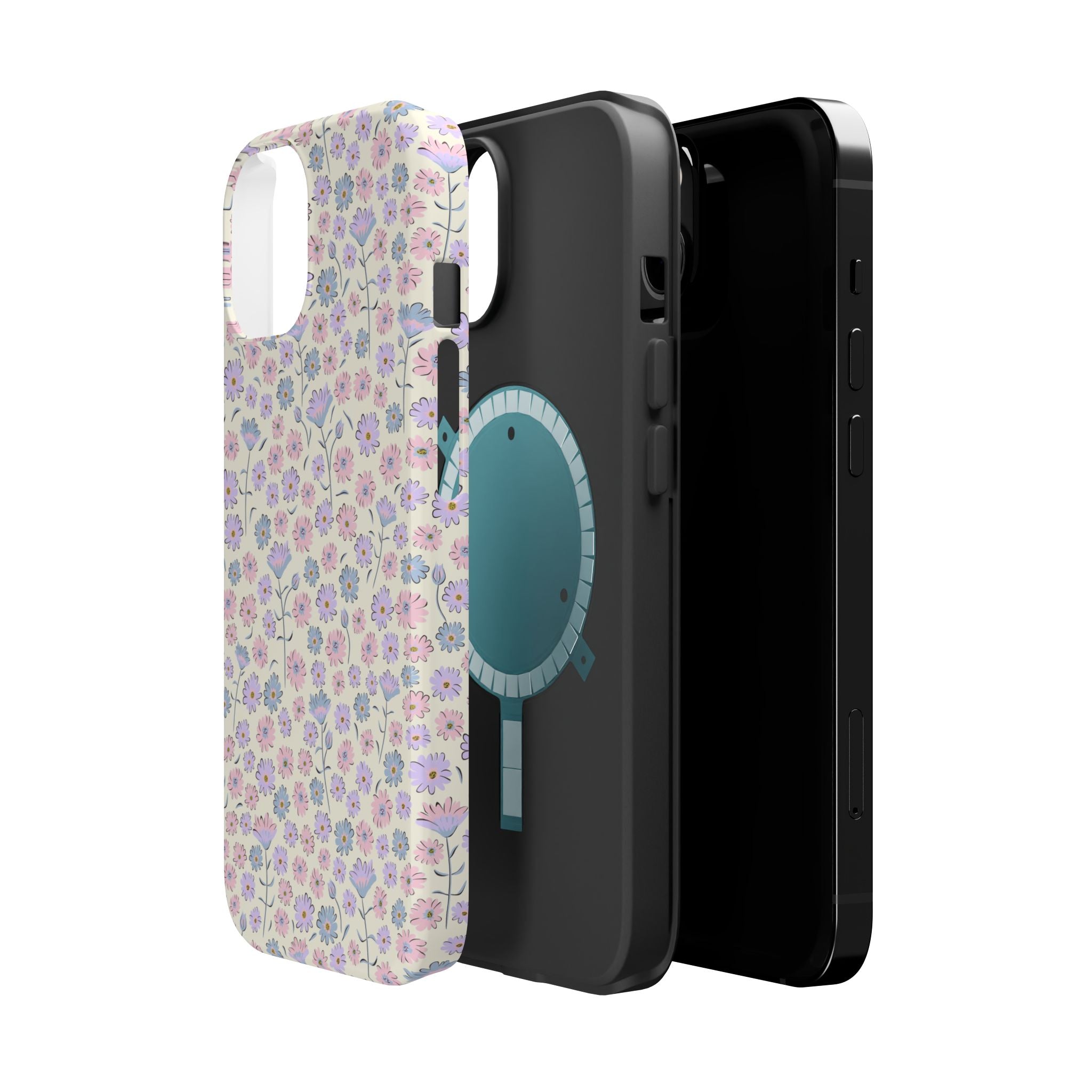 Cute pink flower iPhone 16 case with cottagecore design, showcasing MagSafe compatibility and stylish phone protection.