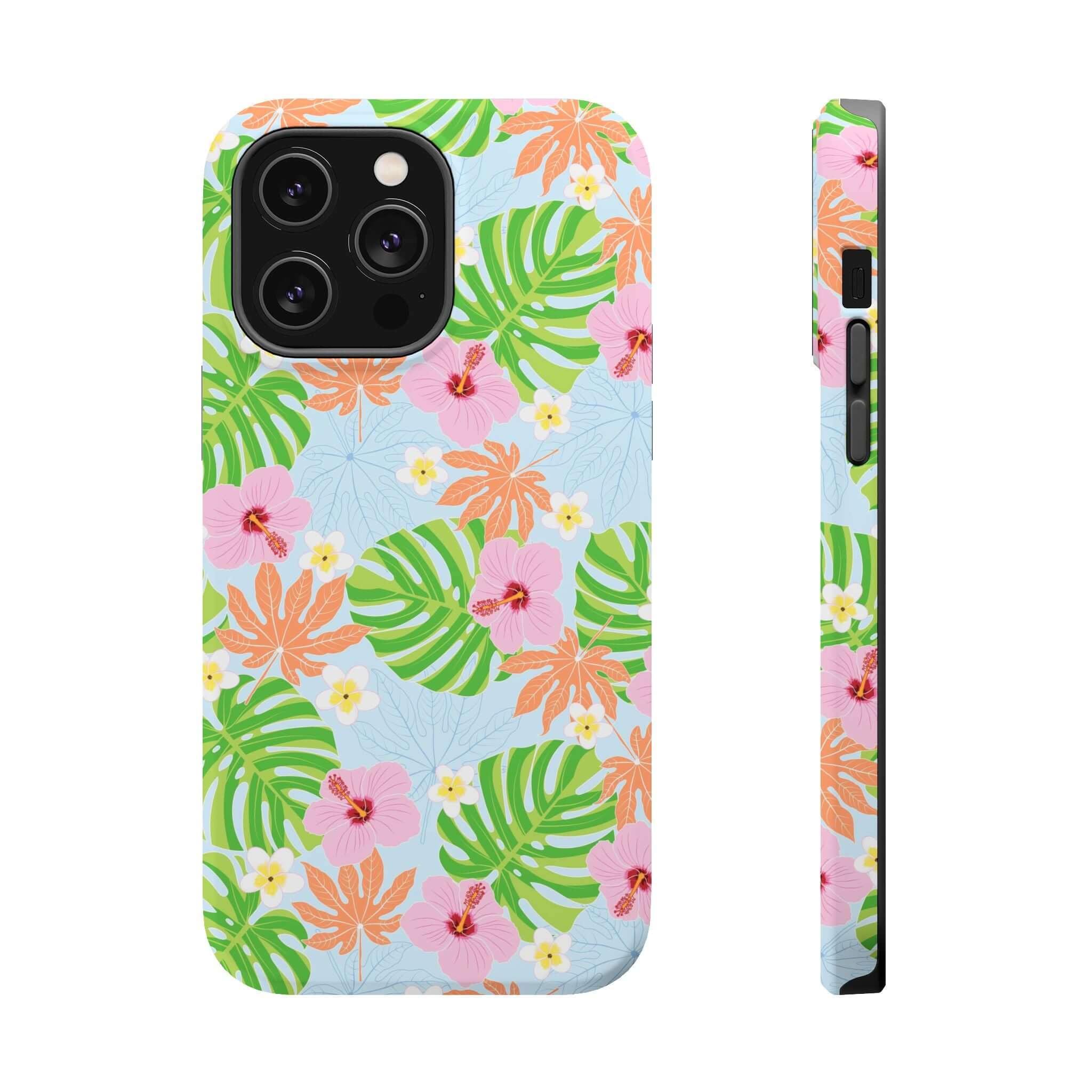 MagSafe iPhone 14 Pro case with colorful hibiscus floral design for a tropical and cute phone cover.