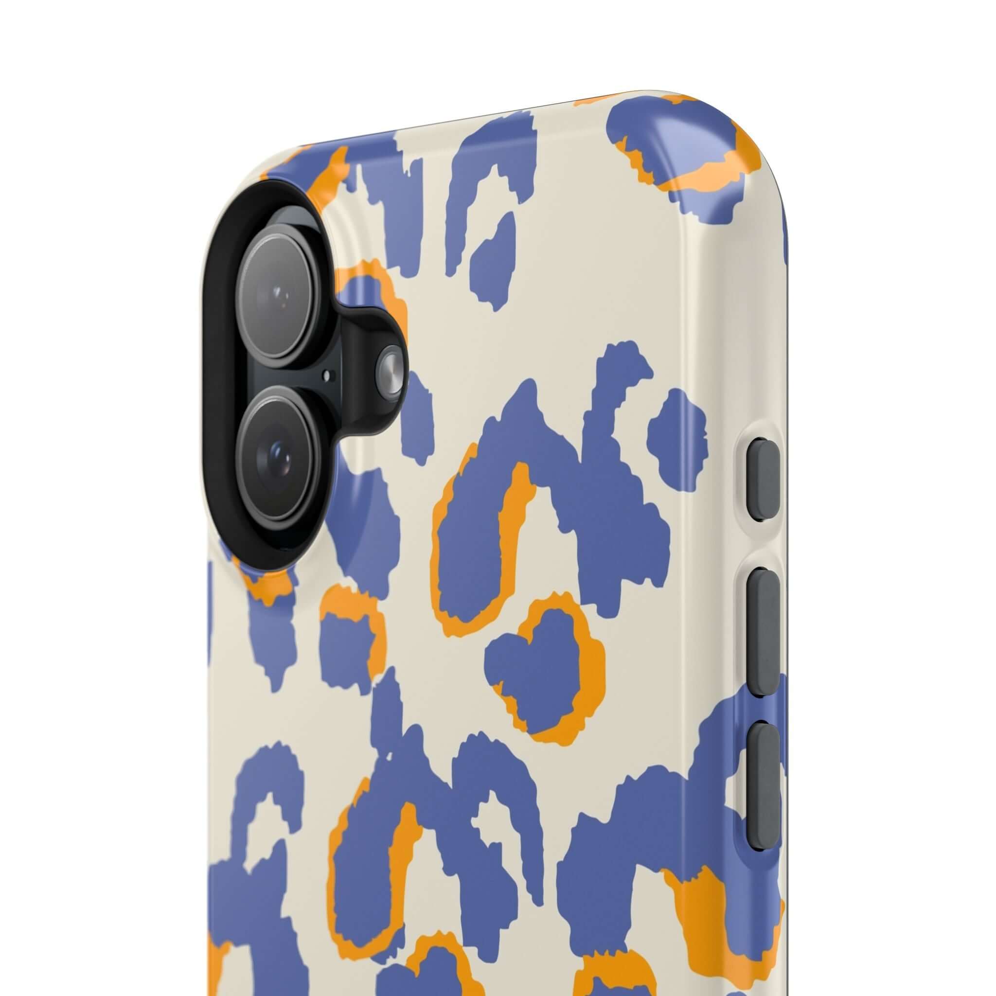 Blue leopard print MagSafe iPhone case with colorful abstract design, cute and stylish phone protection.