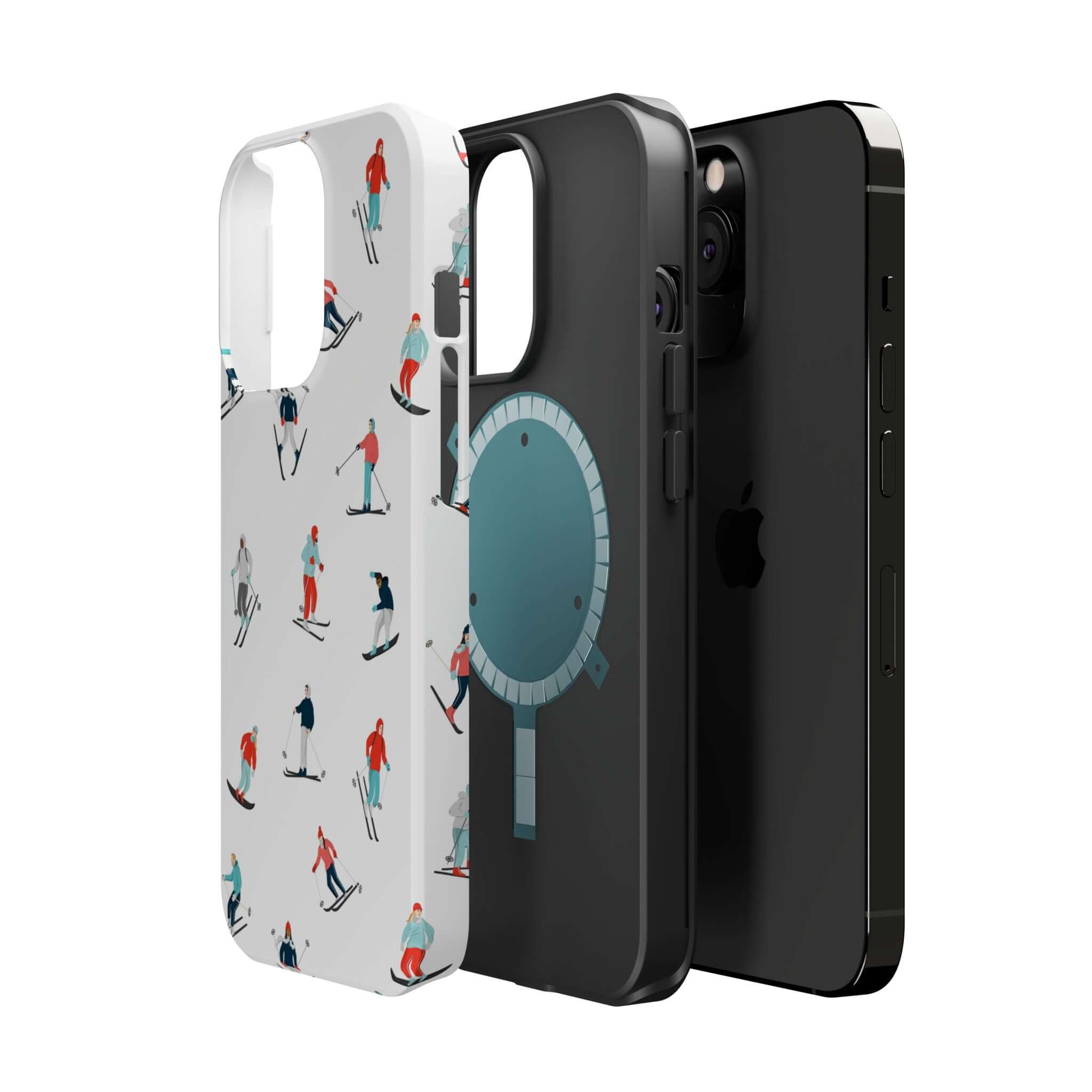 Cute phone covers featuring playful skiing design, perfect for winter sports lovers and MagSafe compatible.