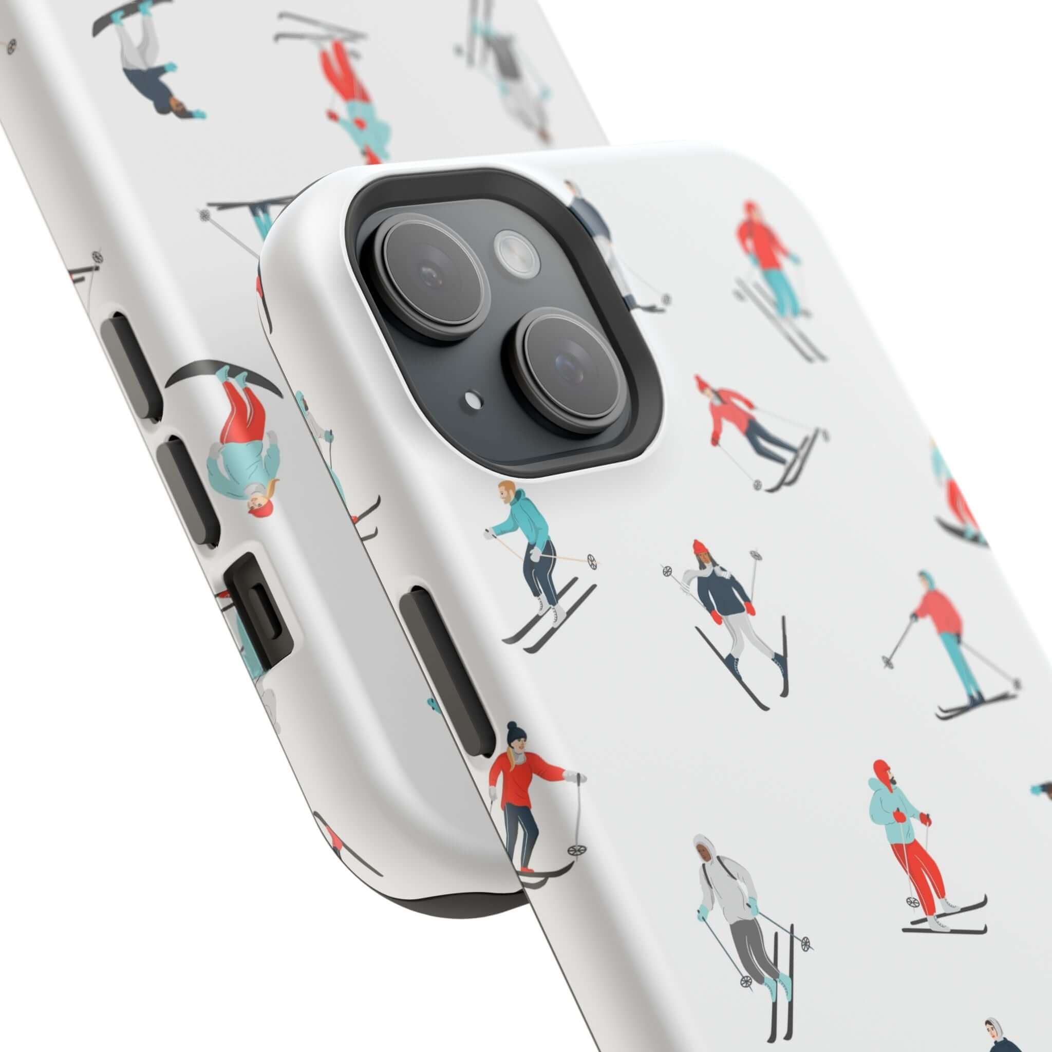 Cute Snowy Slopes phone case design with skiers, perfect for iPhone lovers and winter sports enthusiasts.