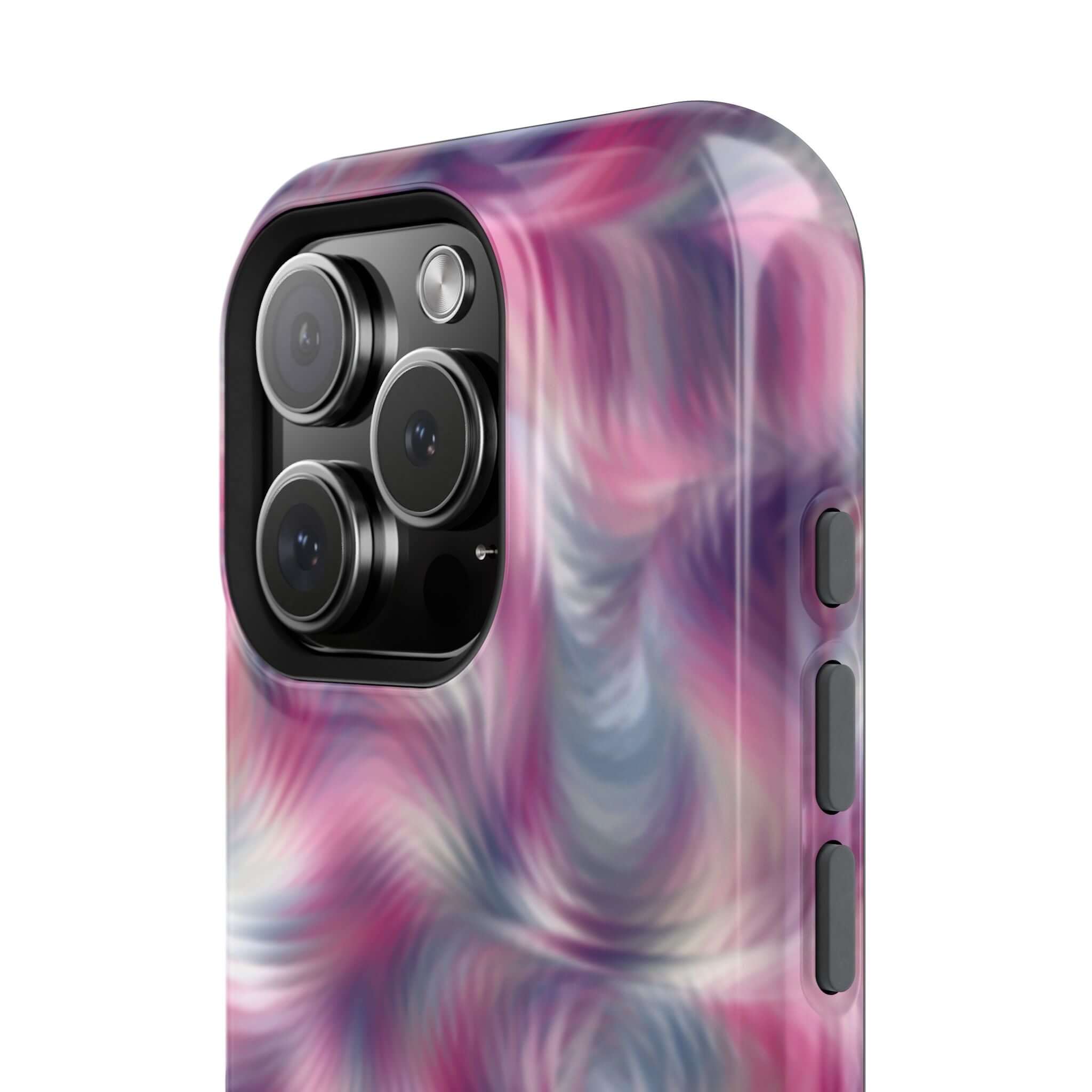 Purple abstract MagSafe iPhone case with tie dye swirl design, showcasing a cute and quirky phone cover with floral vibes.