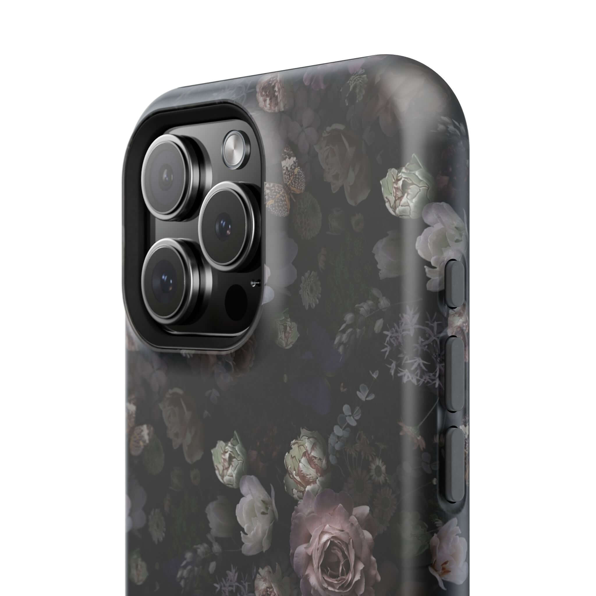 Midnight Curse black floral MagSafe iPhone case with roses, a cute and stylish phone cover for ultimate protection.