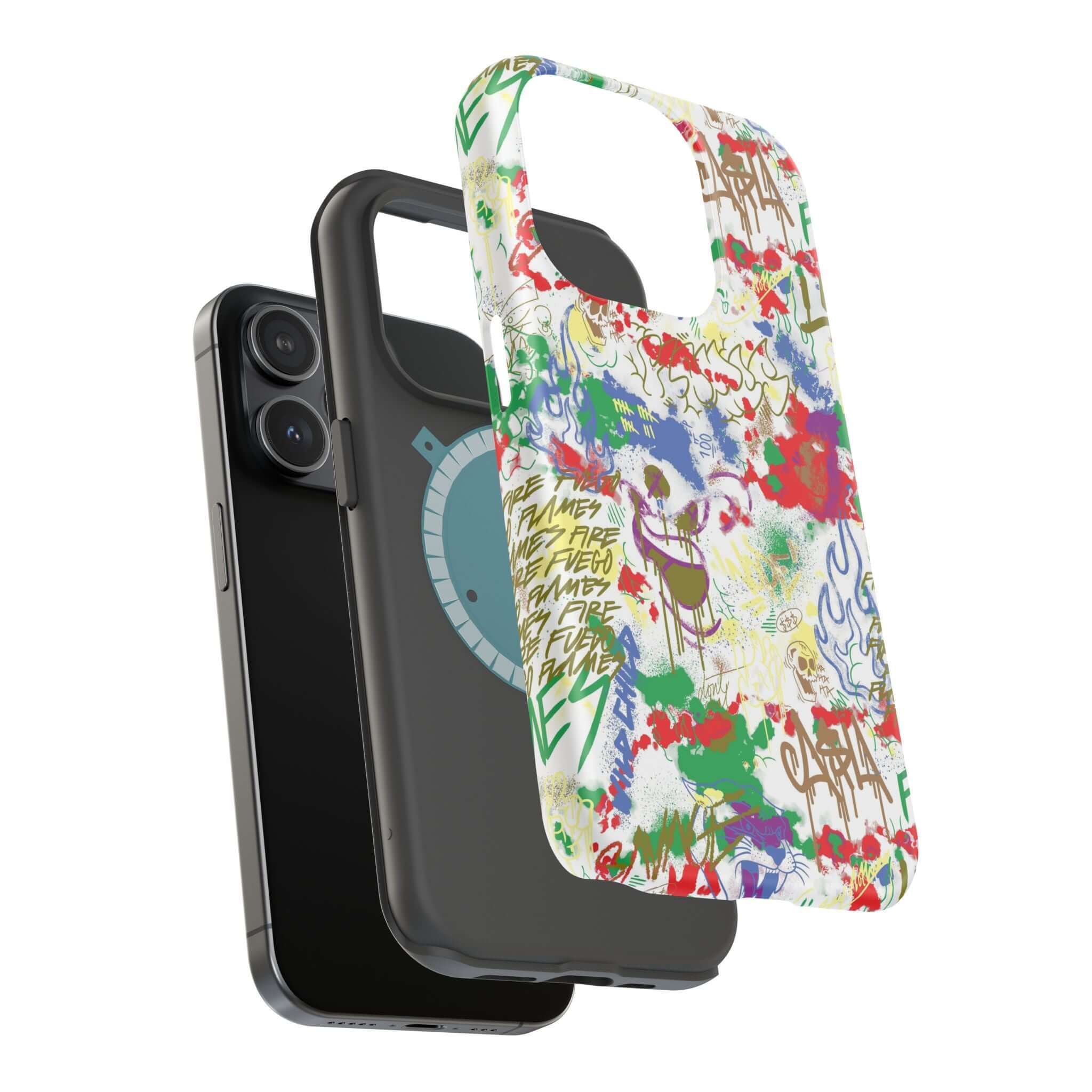 Colorful Graffiti Phone Case stacked with a sleek black phone cover, showcasing street art style and MagSafe technology.