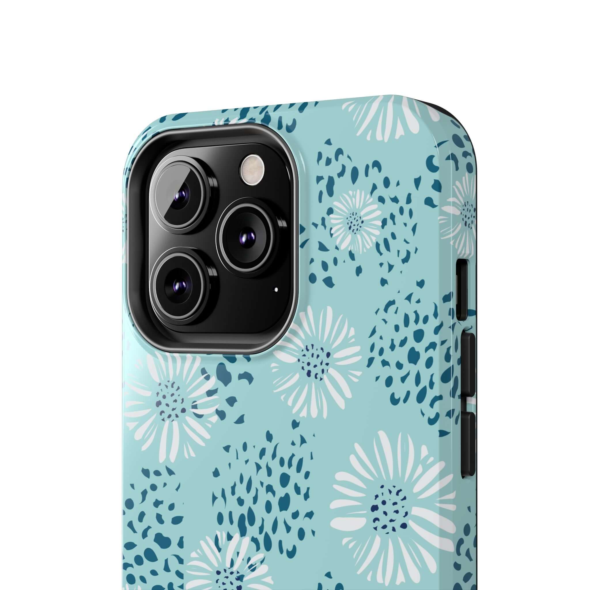 Coastal Aesthetics Floral Beach iPhone case with teal design and white flowers, perfect for cute and colorful phone protection.