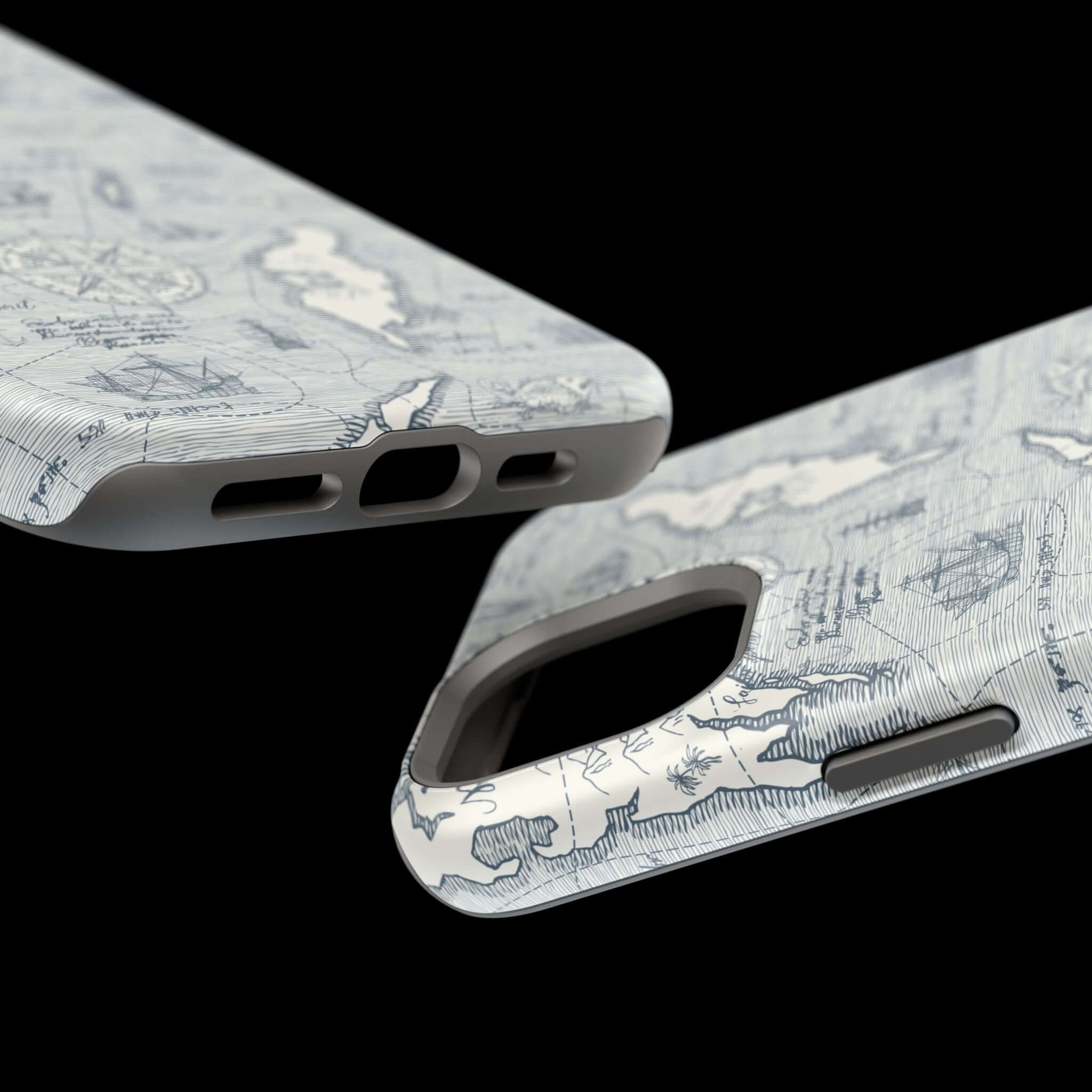 Close-up of Pirates Passageway Nautical Map iPhone 14 Pro Max case showcasing detailed design and MagSafe compatibility.