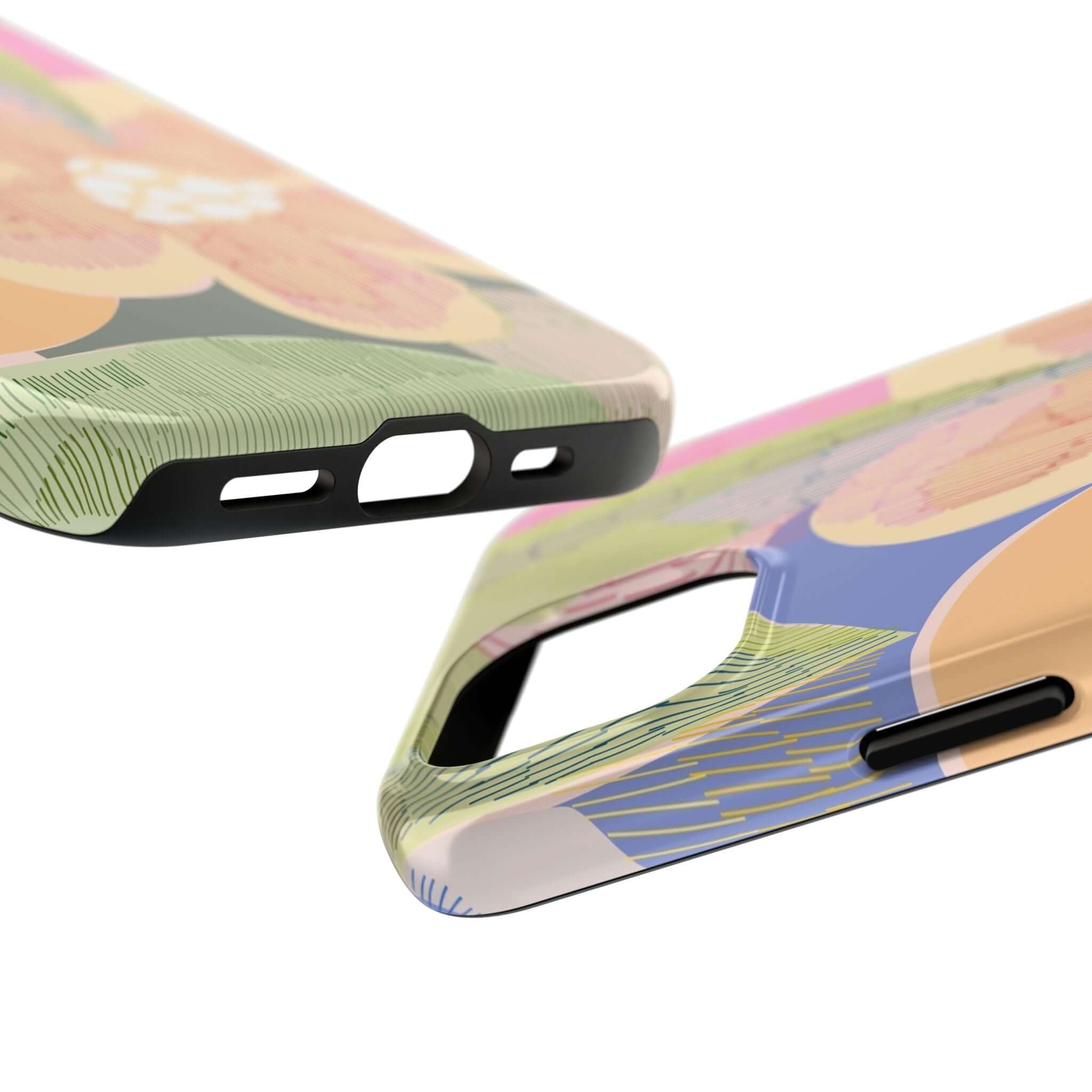 Close-up view of colorful iPhone and Samsung phone cases with abstract floral design and palm trees, Beach Dreamer series.