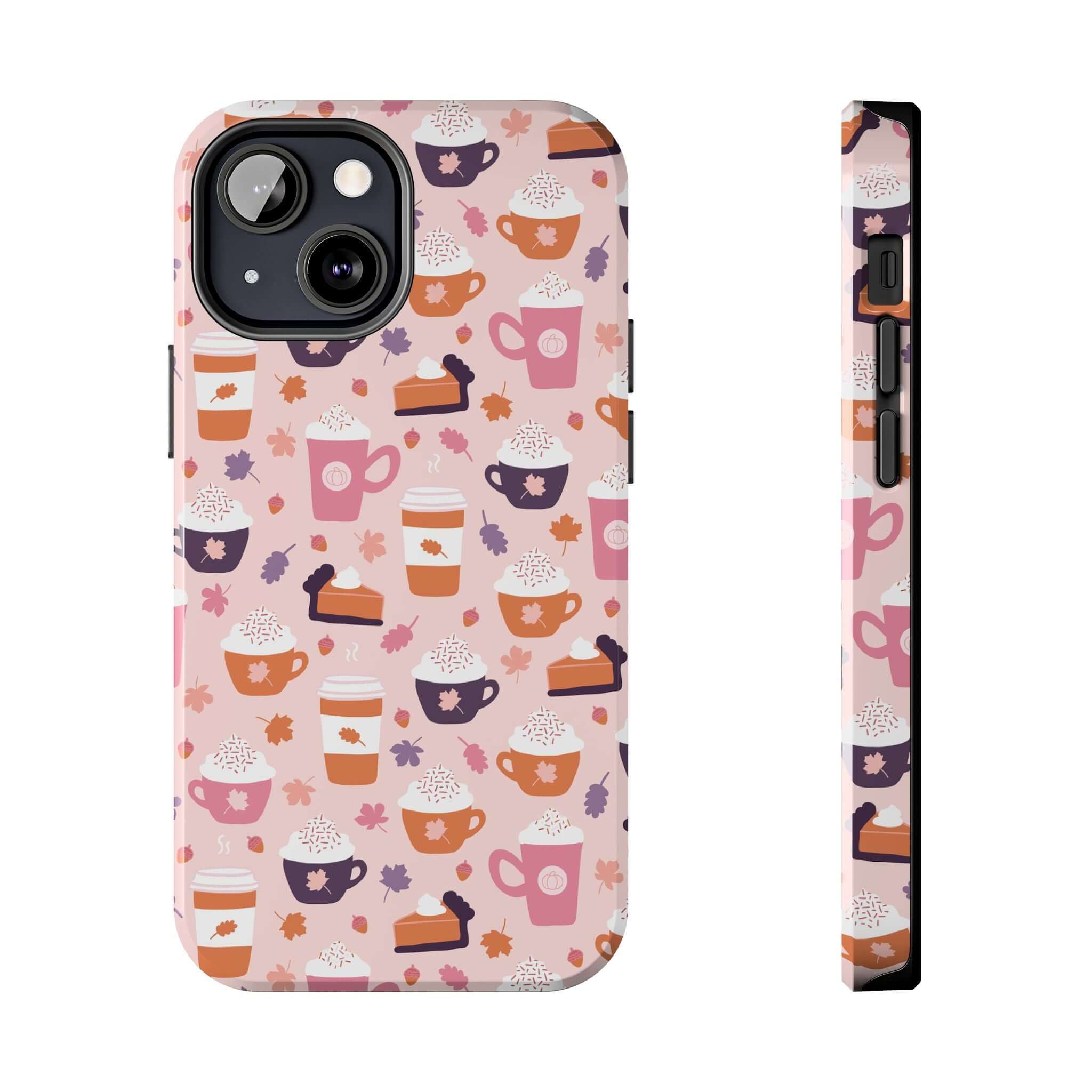 Cute iPhone case with fall-themed pumpkin spice latte design, perfect for iPhone 15. Durable and stylish protection for your phone.