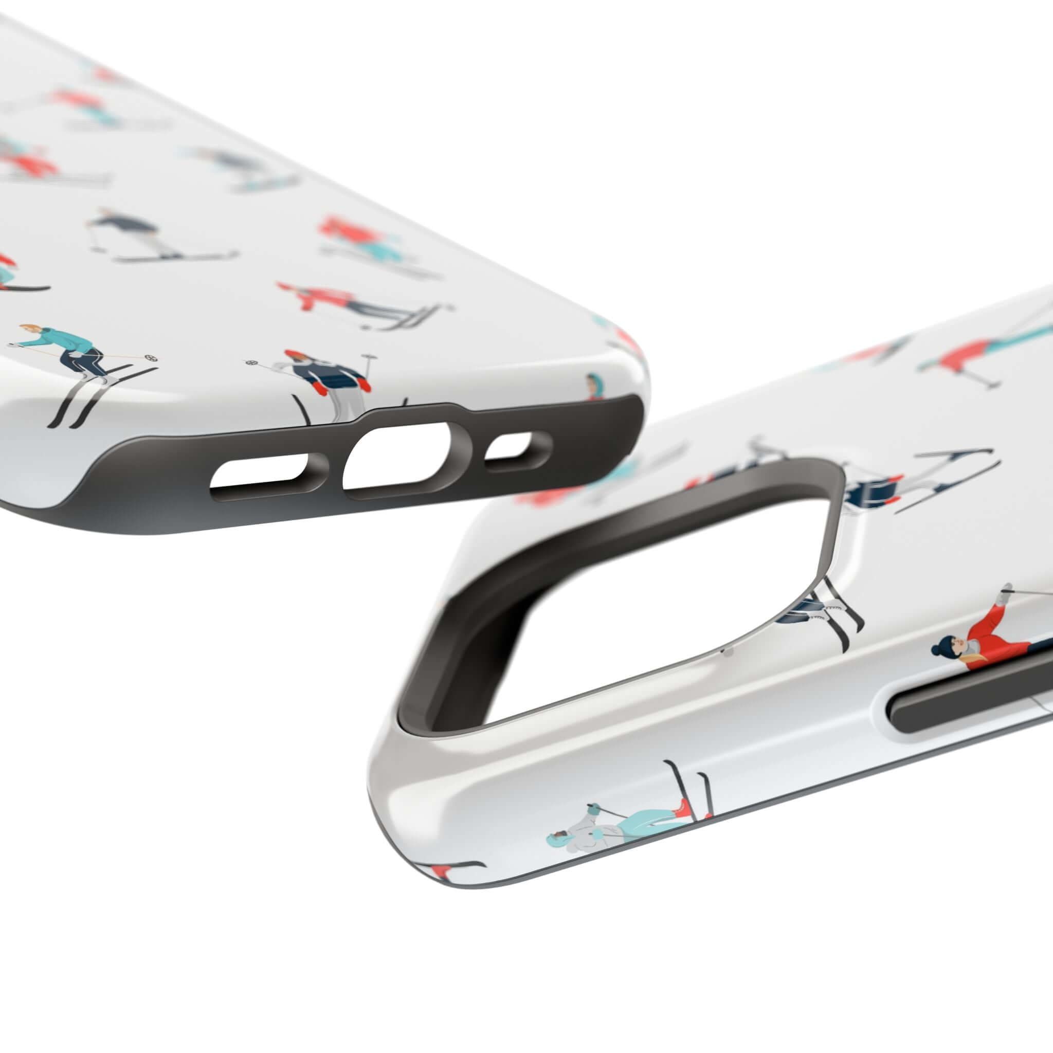 Cute phone cover featuring colorful skiers, perfect for winter sports lovers. MagSafe compatible phone case for iPhones.