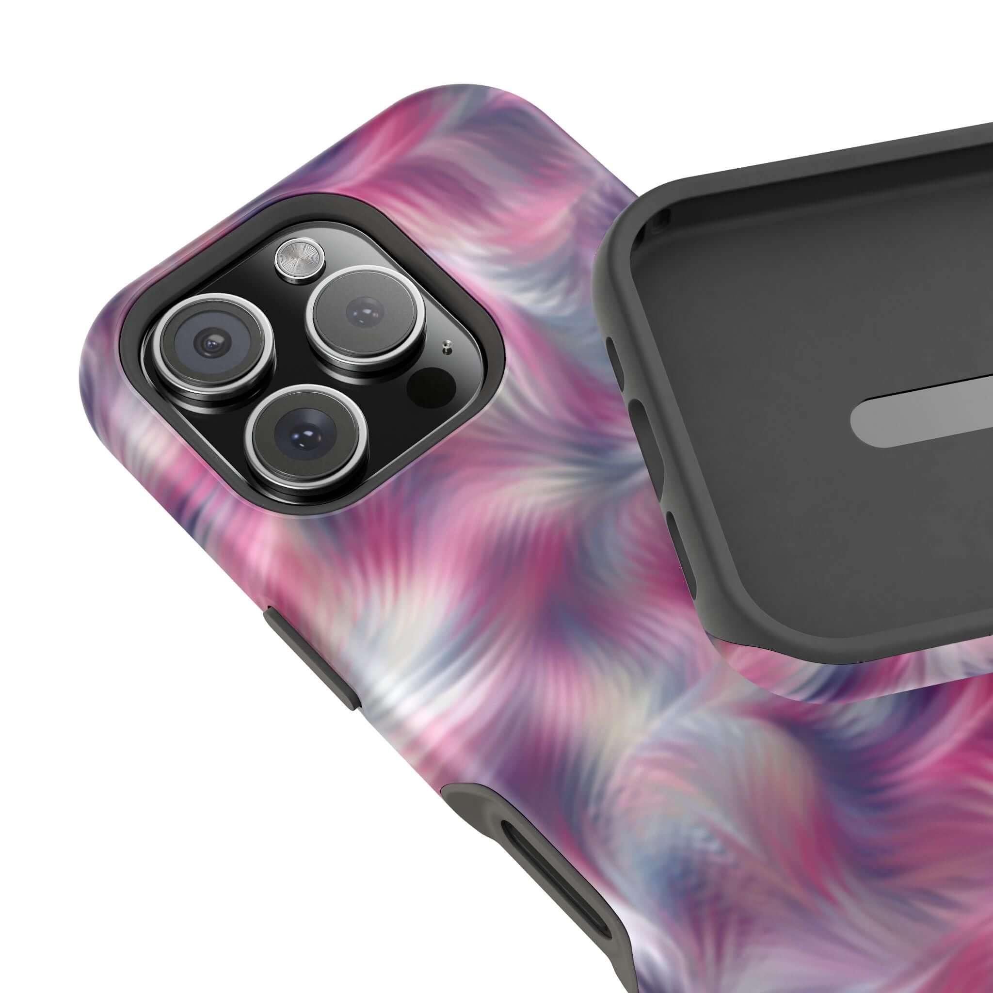 Purple abstract tie dye swirl MagSafe iPhone case adds quirky style and protection. Cute phone cover with floral accents.