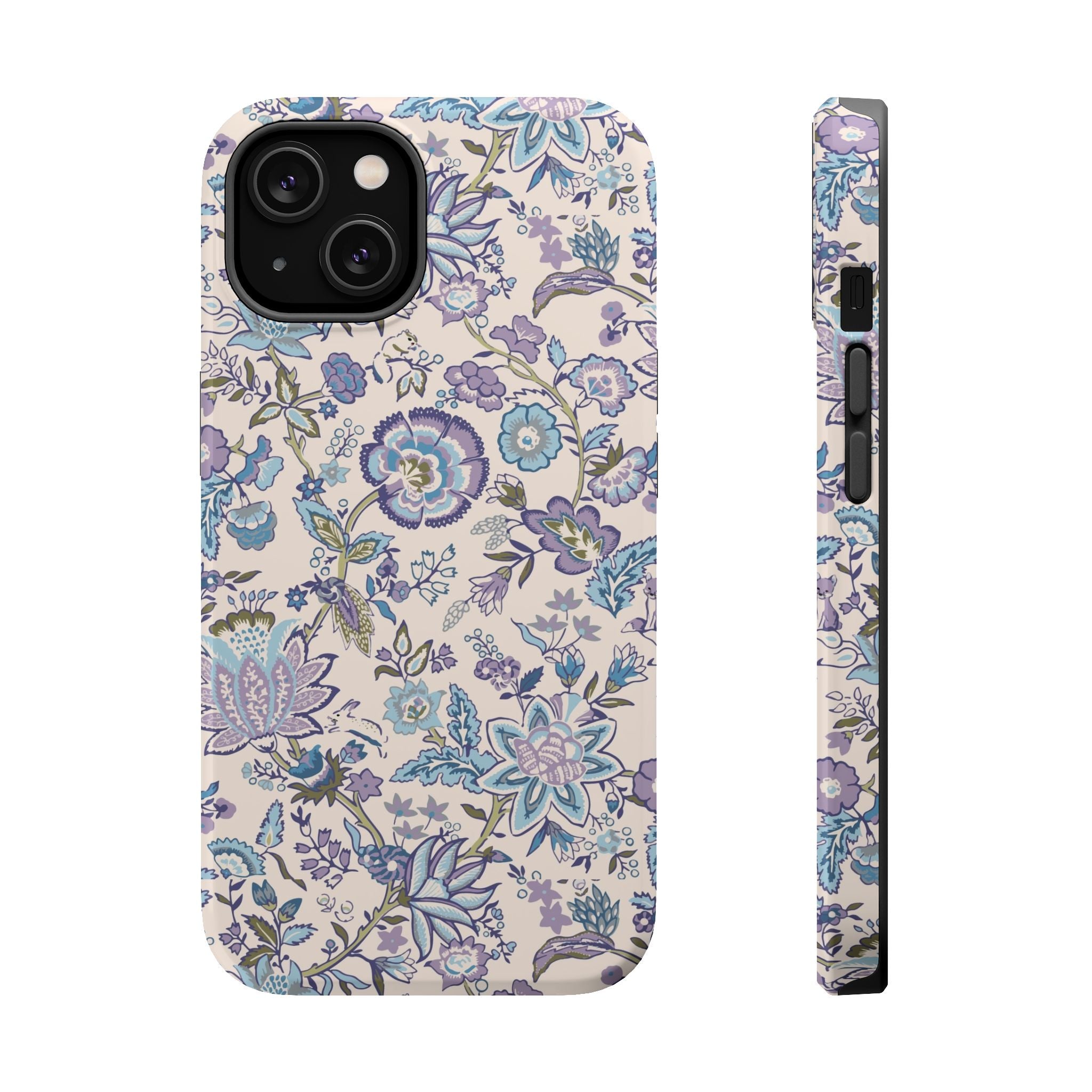 Blue CottageCore floral MagSafe iPhone case with whimsical design, perfect cute phone cover for nature lovers.