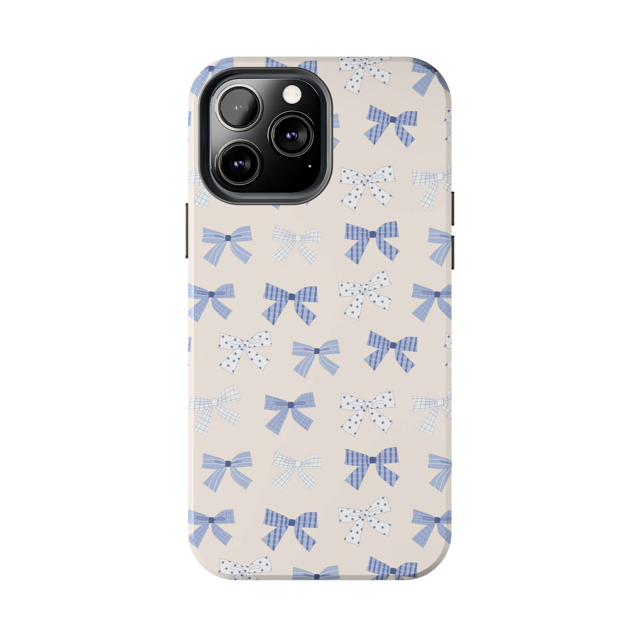 Cute phone case for iPhone 16 with blue bows design, perfect for a fun bride-to-be accessory.