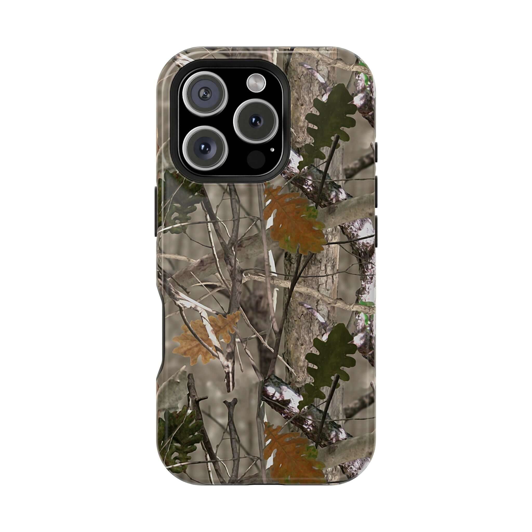 Forest camo phone case with MagSafe technology, featuring a modern animal print design for cute, quirky iPhone style.