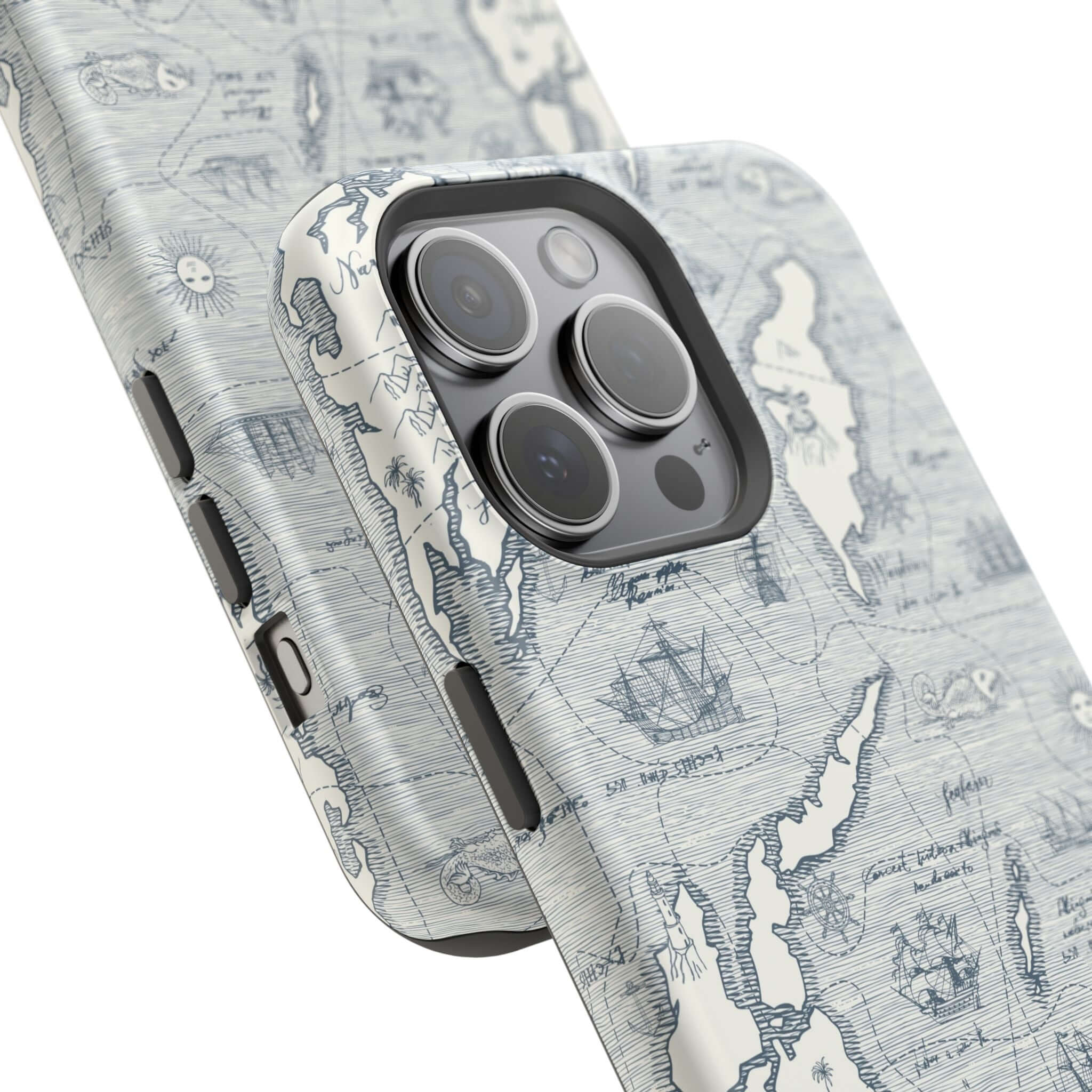 Close-up of the Pirates Passageway Nautical Map Case for iPhone 14 Pro Max with MagSafe technology, showcasing detailed map design.