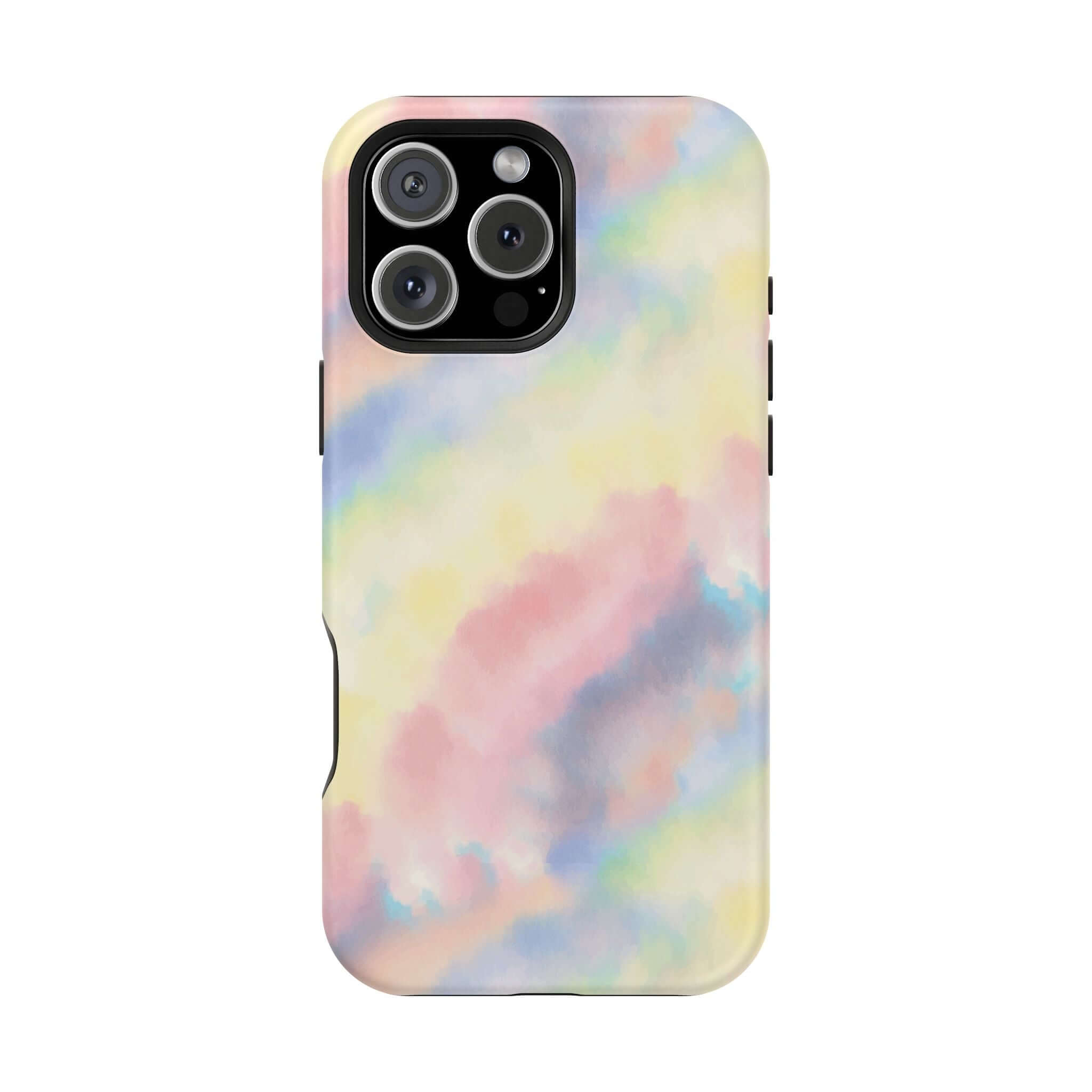 Cute pastel tie dye iPhone case with MagSafe compatibility, featuring Unicorn Dreams design for custom phone case lovers.