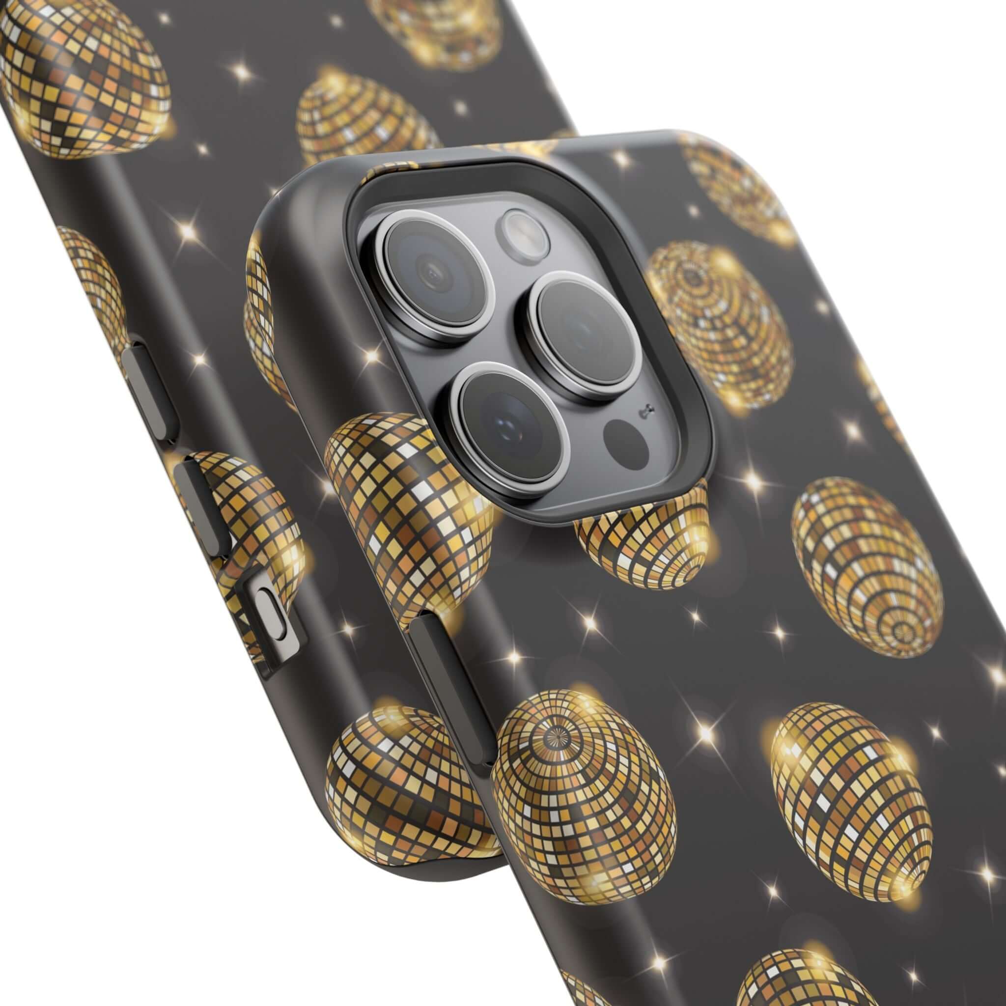 Cute iPhone 14 case with gold disco ball design, free shipping, Dance the Night Away Gold Disco Case