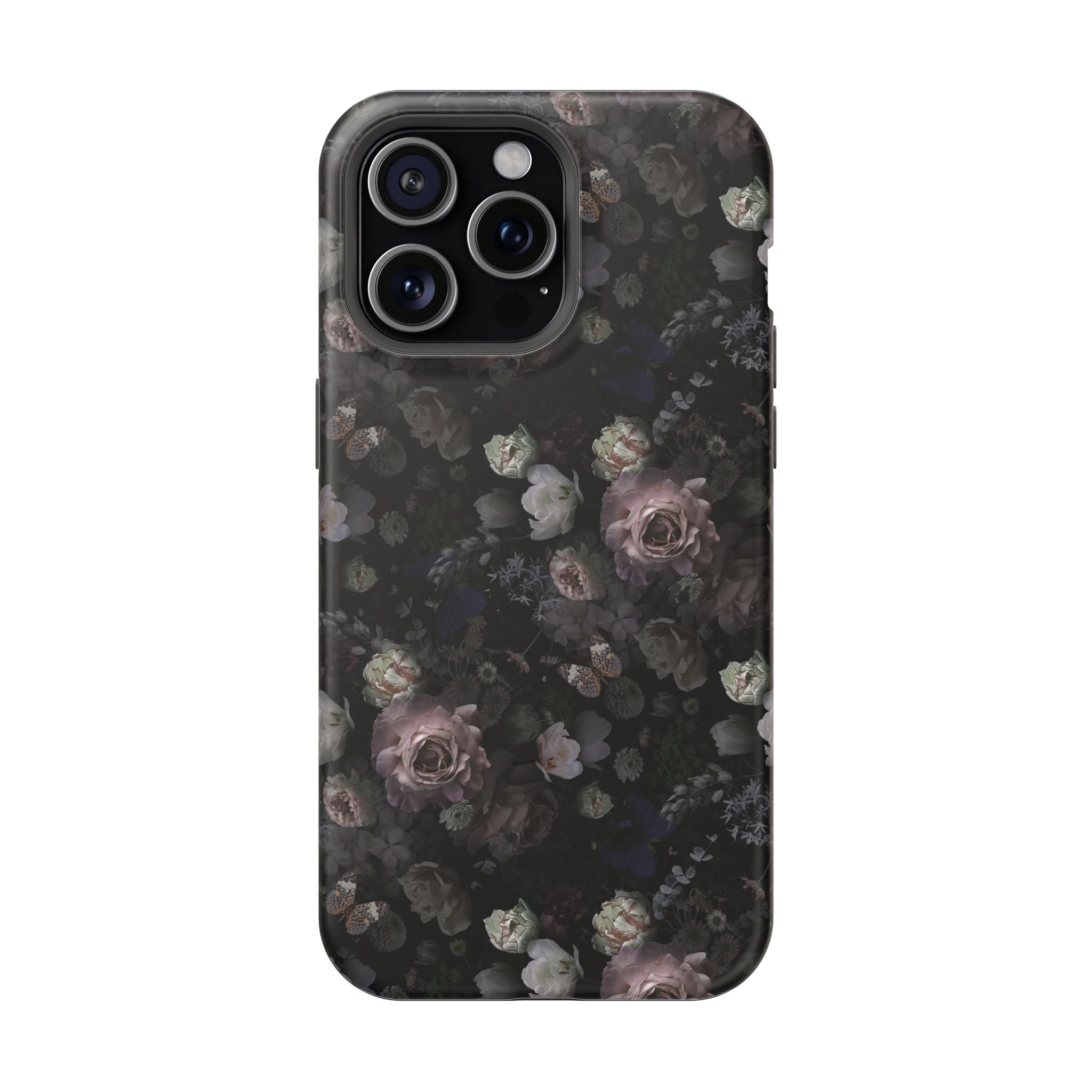 Midnight Curse MagSafe iPhone case with black floral design, featuring stylish black roses. Cute phone cover for trendy protection.