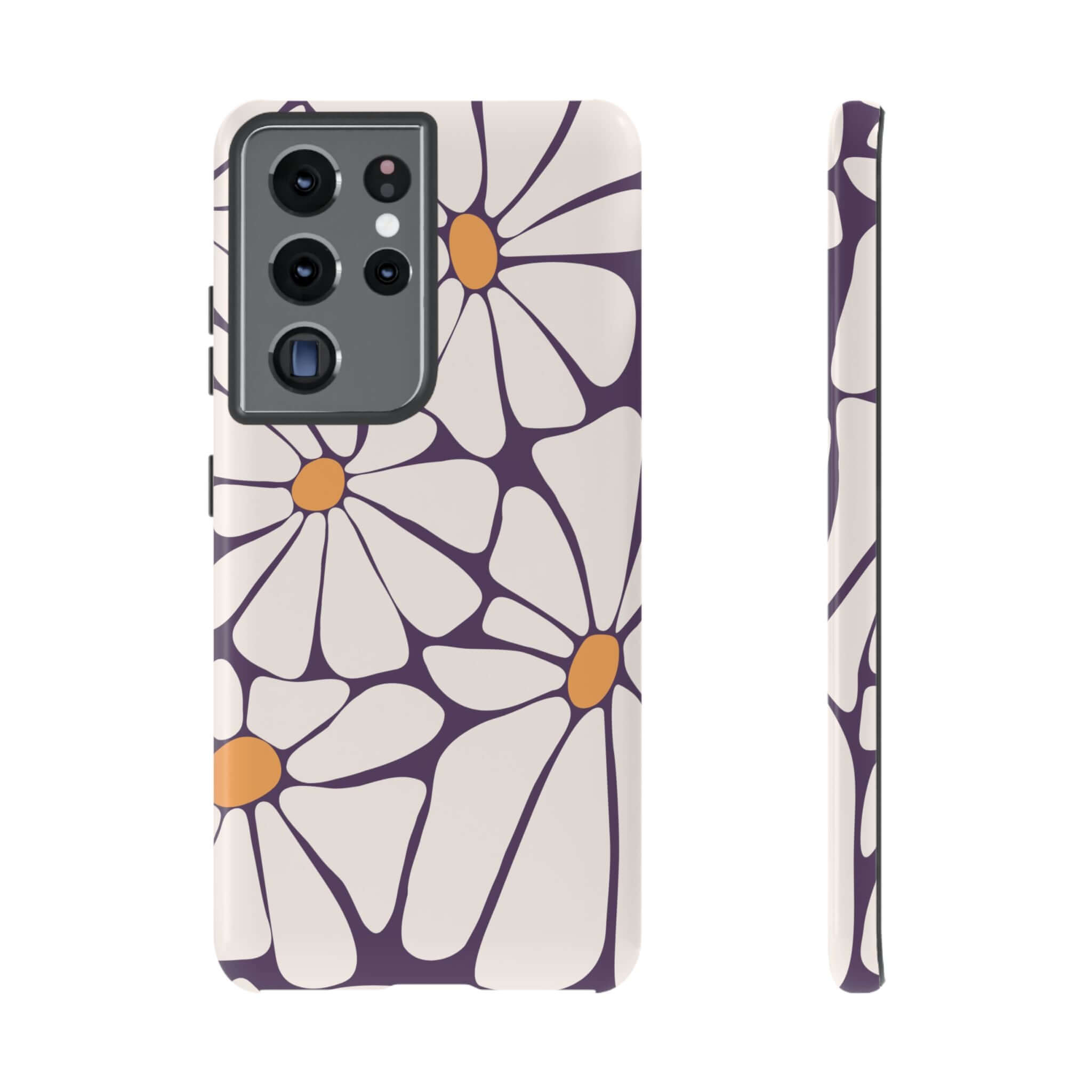 Cute Purple Haze retro flower pattern phone case for Samsung and Pixel devices, offering stylish protection and groovy design.