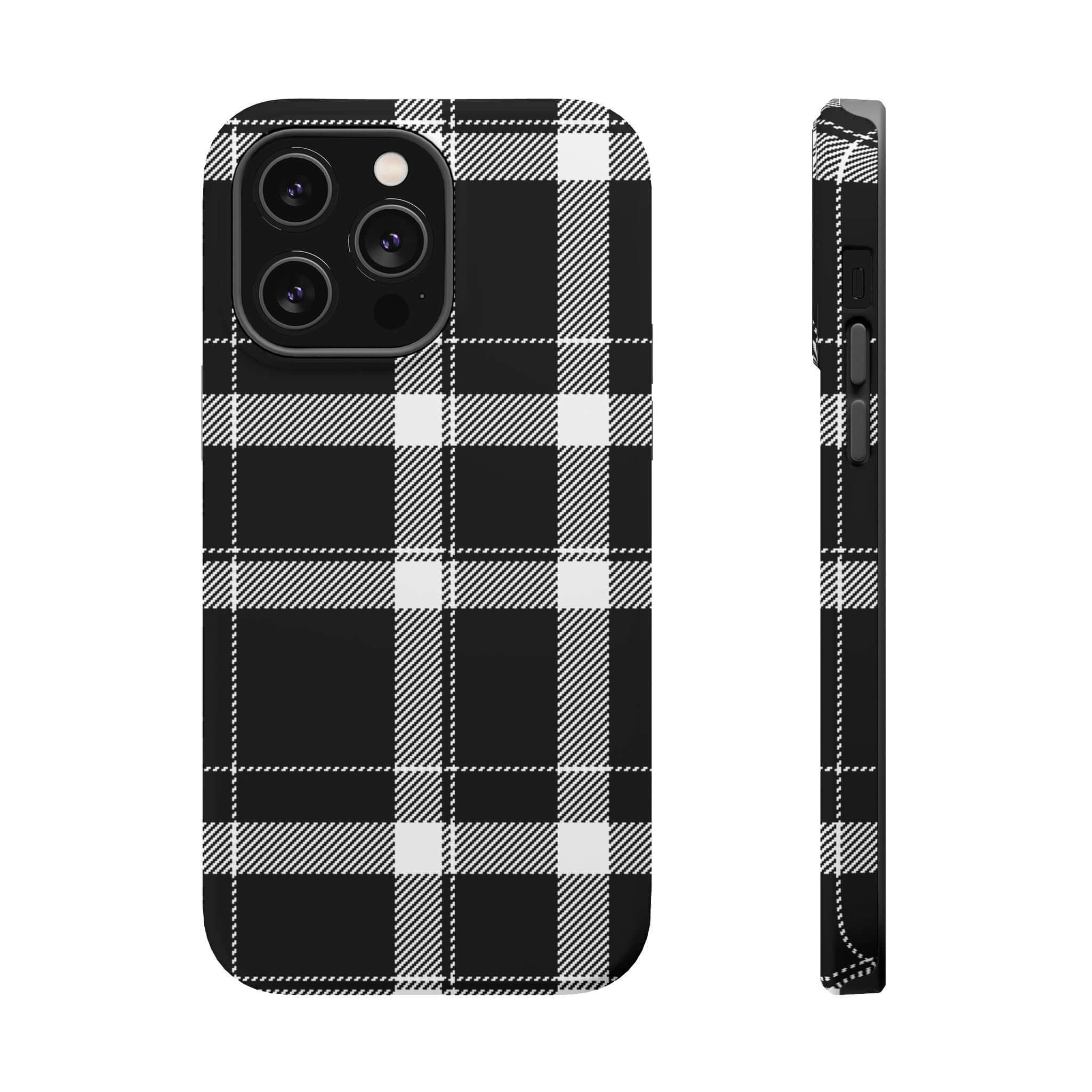 Stylish black plaid phone case for Apple iPhone, perfect cute phone cover for the fashion-forward individual.