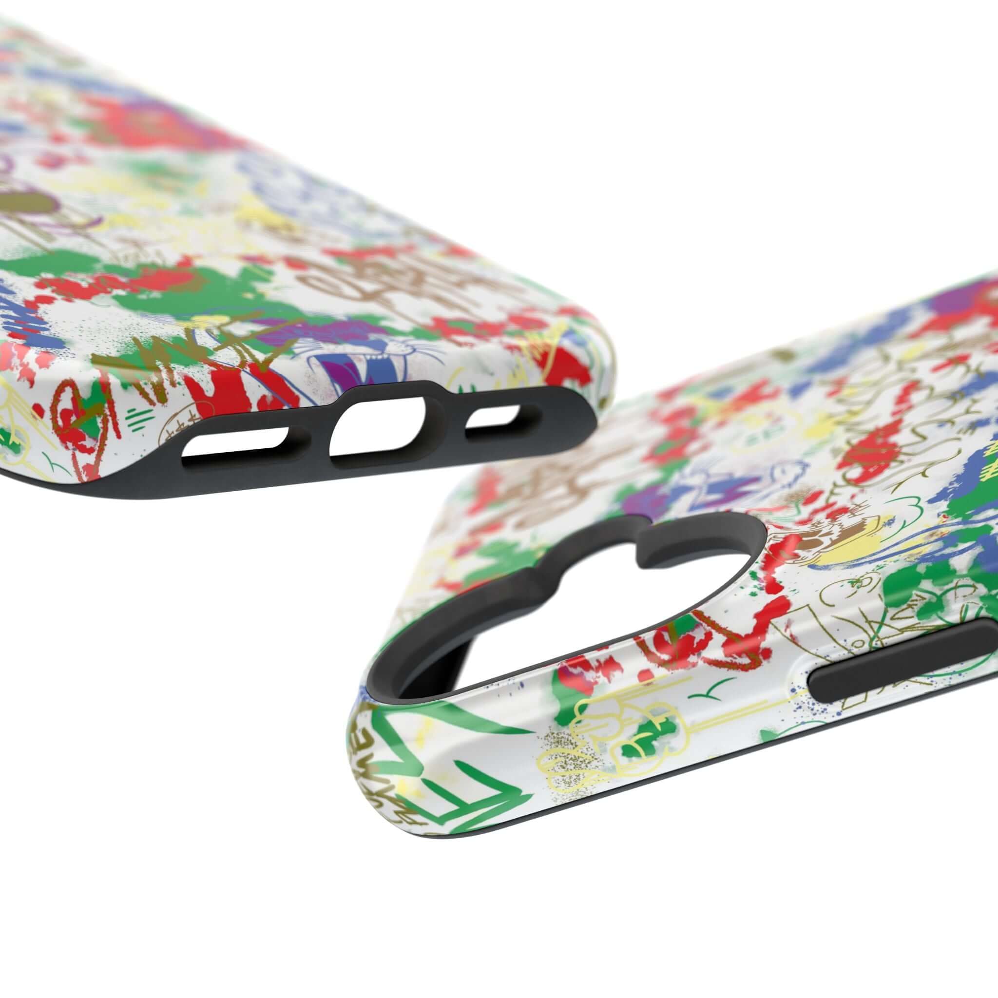 Colorful graffiti phone case with MagSafe technology, perfect cute phone cover for art lovers.