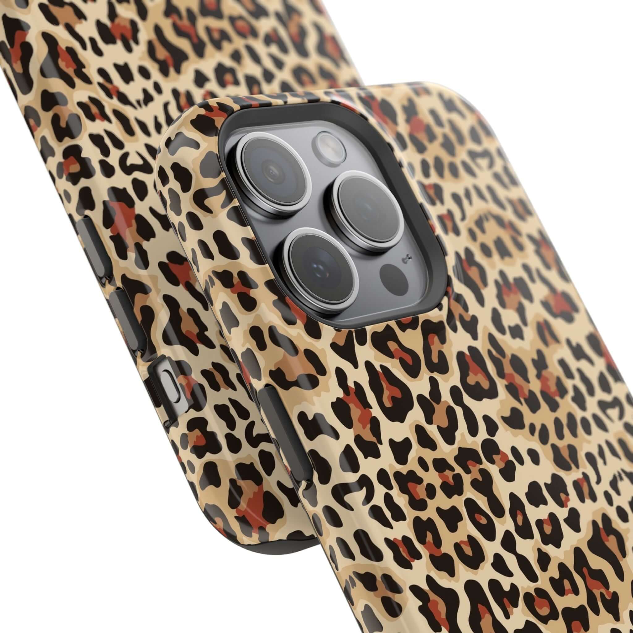 Leopard print iPhone cases with MagSafe, colorful and cute design, showcasing protection and style for iPhone users.