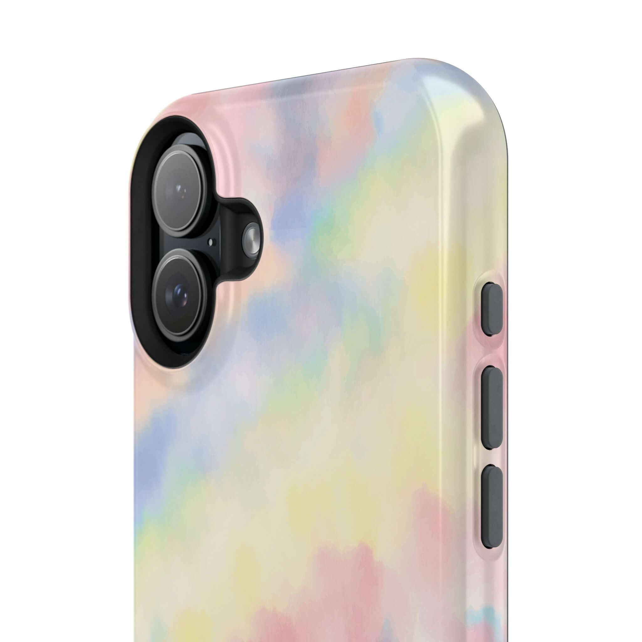 Cute iPhone case with pastel tie dye design, MagSafe compatible, Unicorn Dreams collection, custom phone case design for tech lovers.