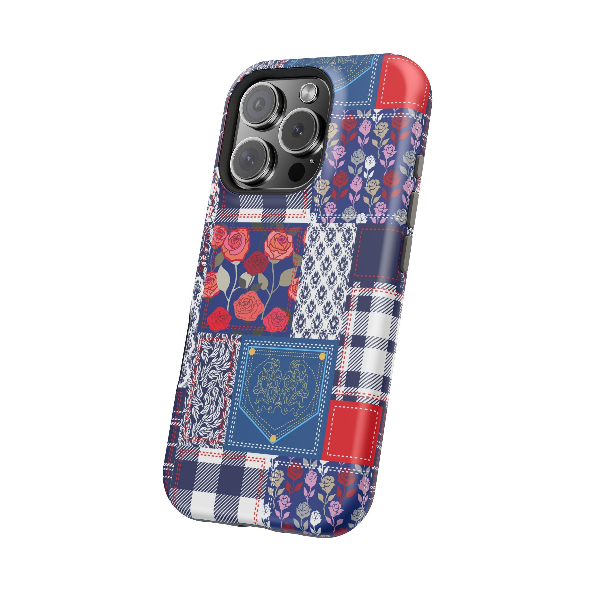 Crimson Bloom | Blue Patchwork Case