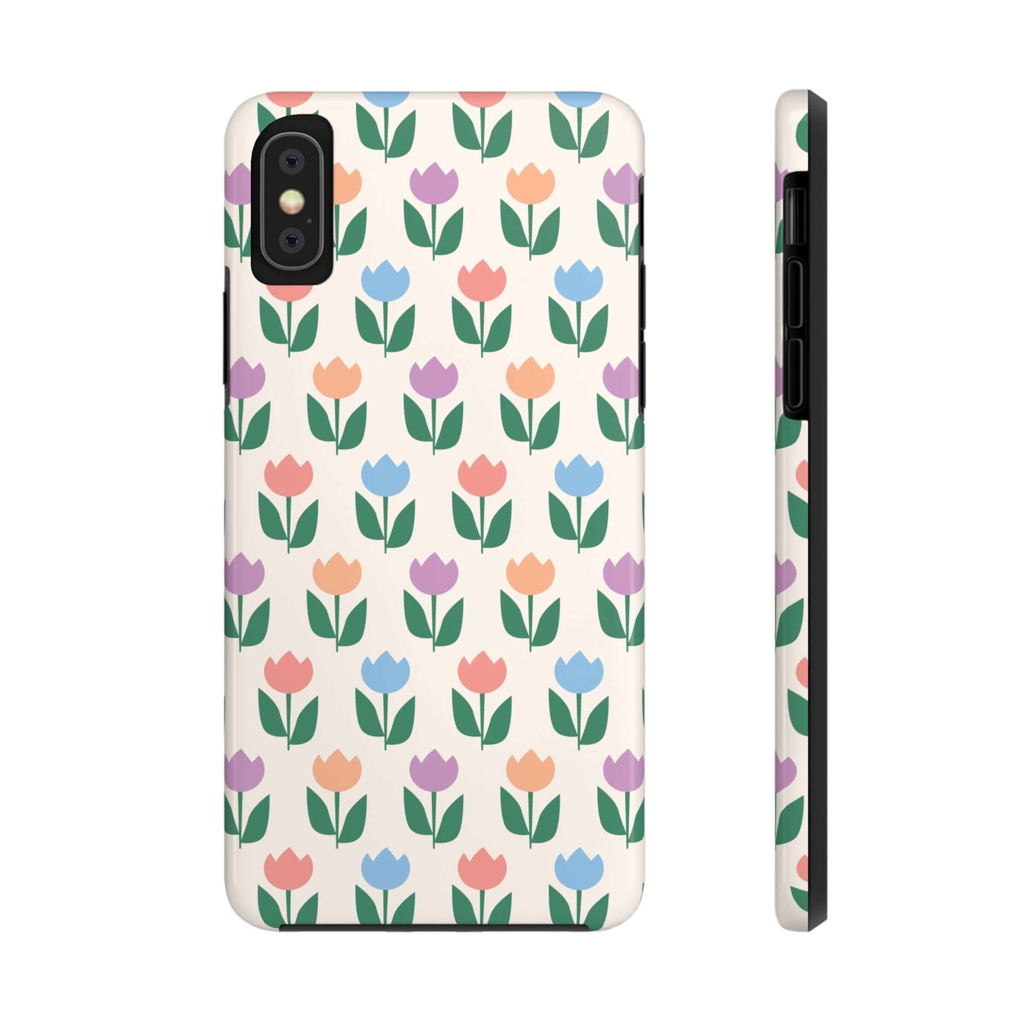 Colorful tulip pattern phone case for iPhone 14 Pro Max featuring vibrant flowers and playful design, perfect for a cheerful accessory.